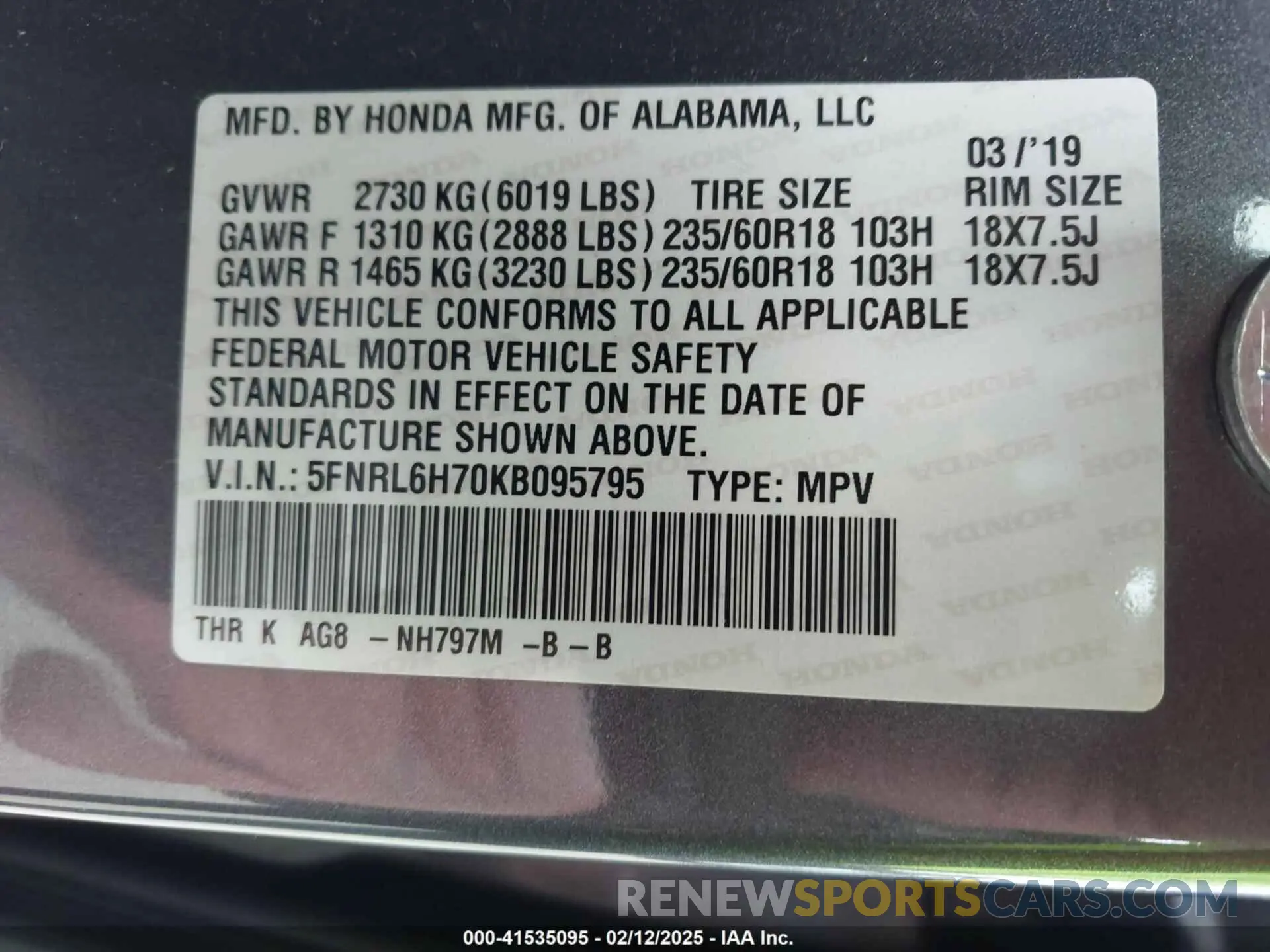 9 fotografías del automóvil dañado 5FNRL6H70KB095795 HONDA ODYSSEY 2019