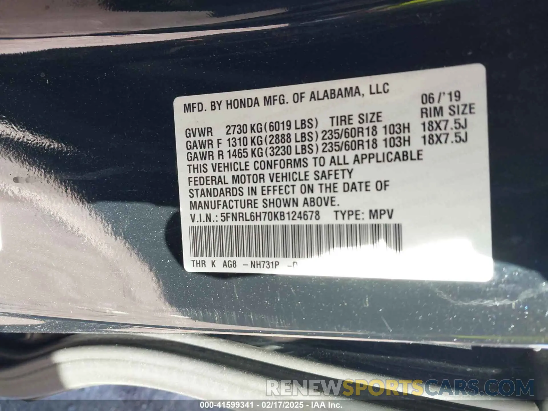 9 fotografías del automóvil dañado 5FNRL6H70KB124678 HONDA ODYSSEY 2019