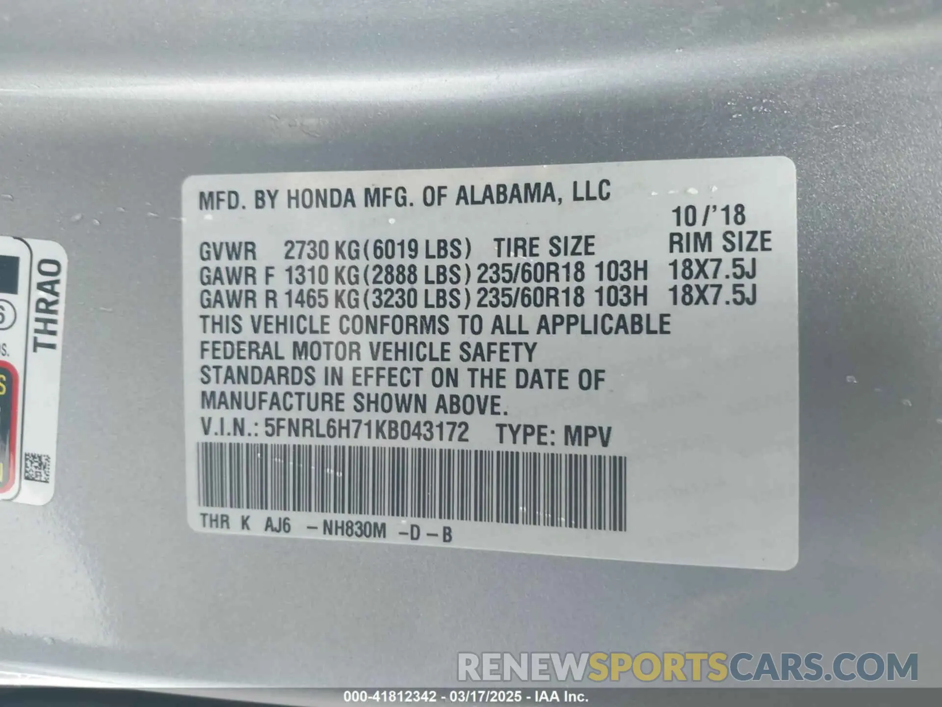 9 fotografías del automóvil dañado 5FNRL6H71KB043172 HONDA ODYSSEY 2019