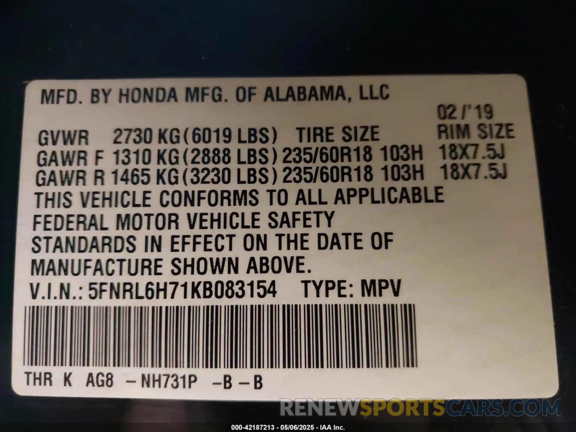 9 fotografías del automóvil dañado 5FNRL6H71KB083154 HONDA ODYSSEY 2019