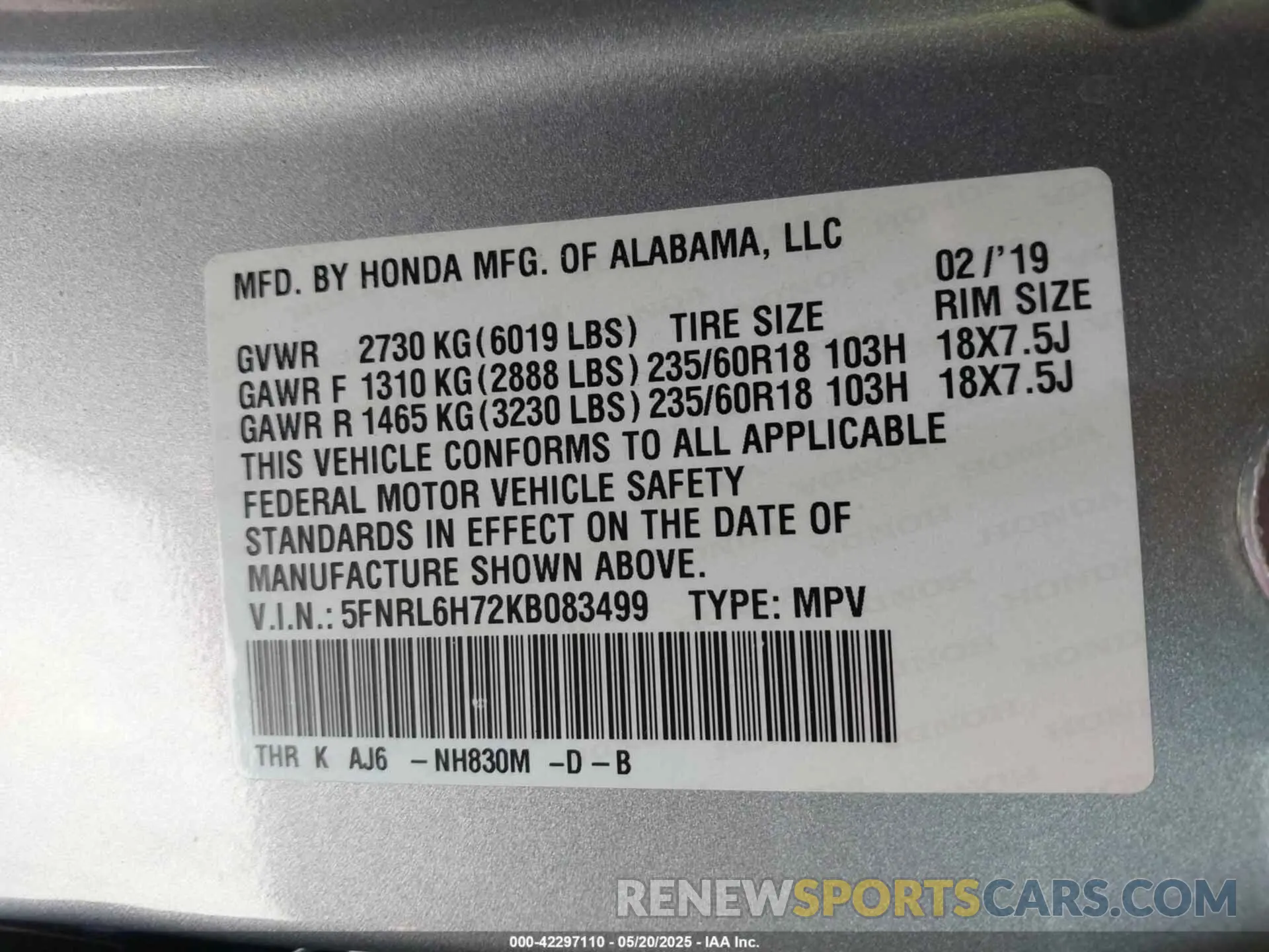9 fotografías del automóvil dañado 5FNRL6H72KB083499 HONDA ODYSSEY 2019