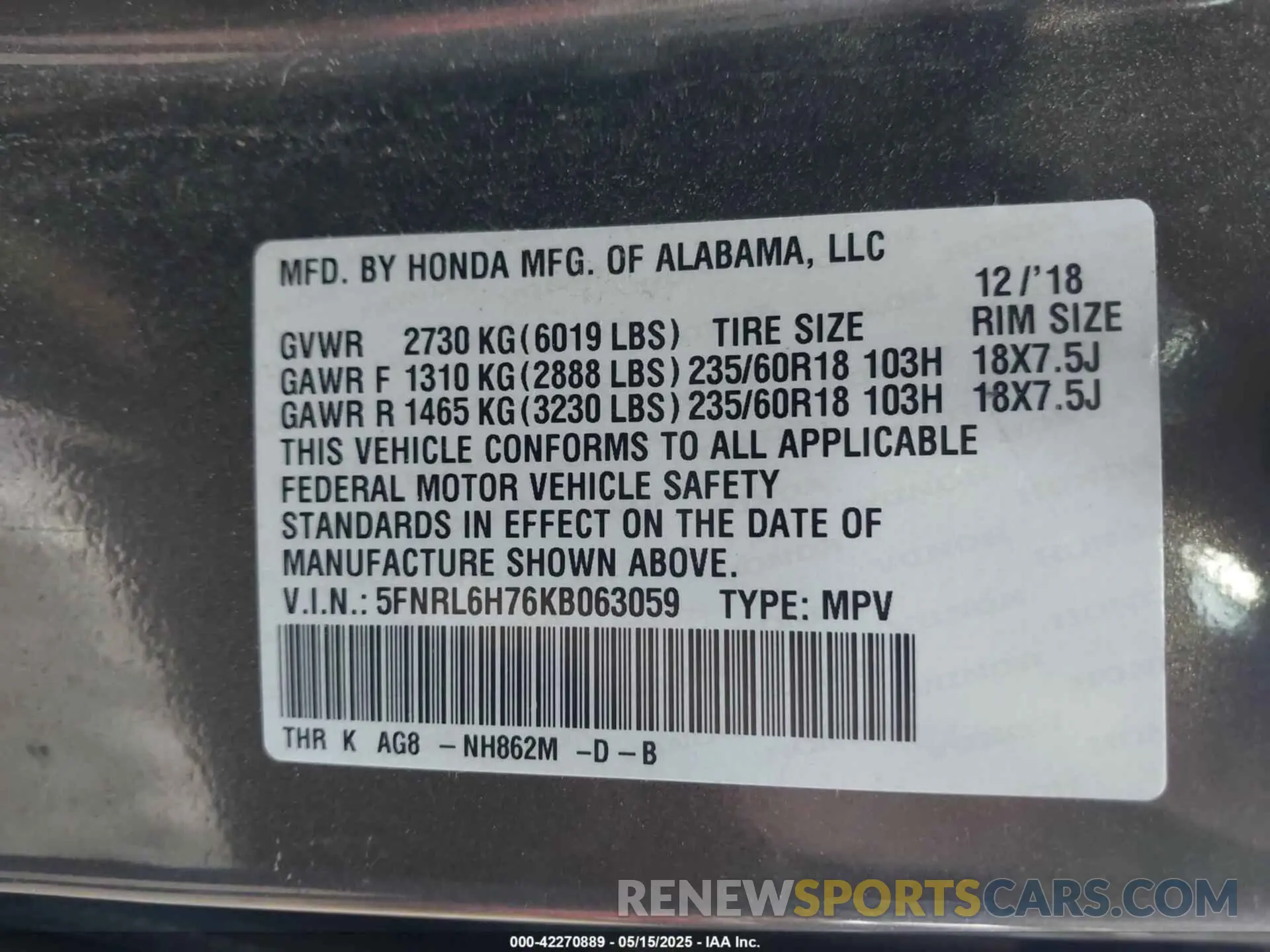 9 fotografías del automóvil dañado 5FNRL6H76KB063059 HONDA ODYSSEY 2019