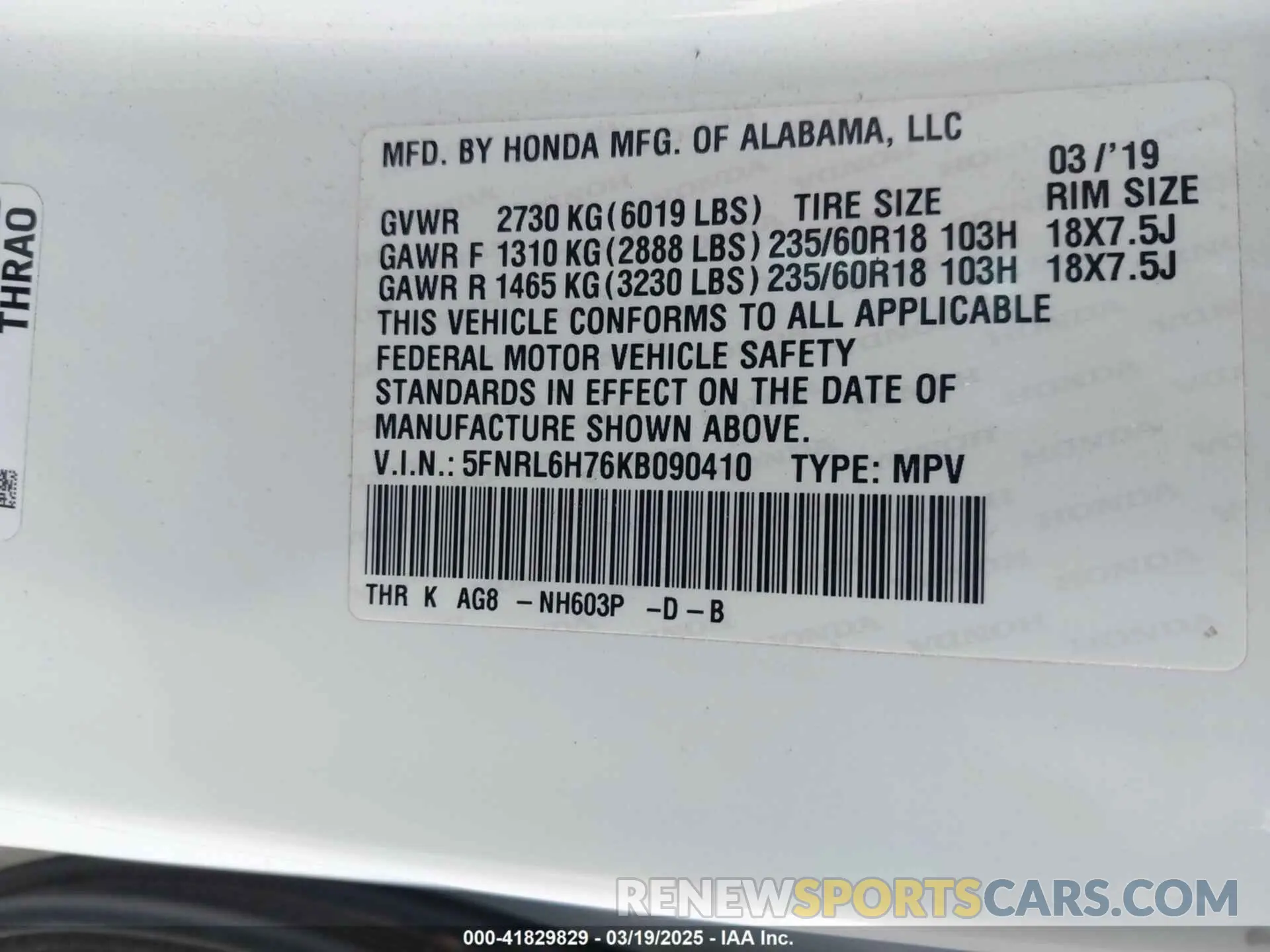 9 fotografías del automóvil dañado 5FNRL6H76KB090410 HONDA ODYSSEY 2019