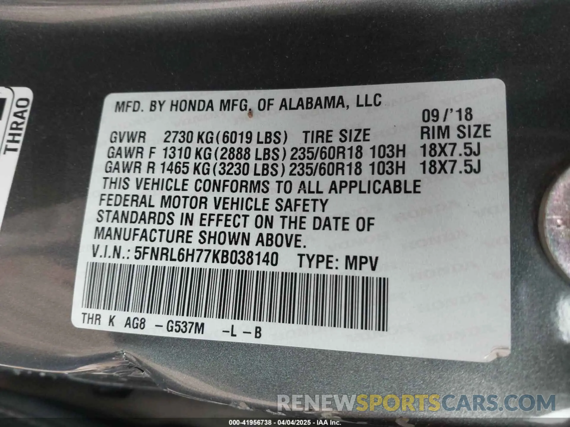 9 fotografías del automóvil dañado 5FNRL6H77KB038140 HONDA ODYSSEY 2019
