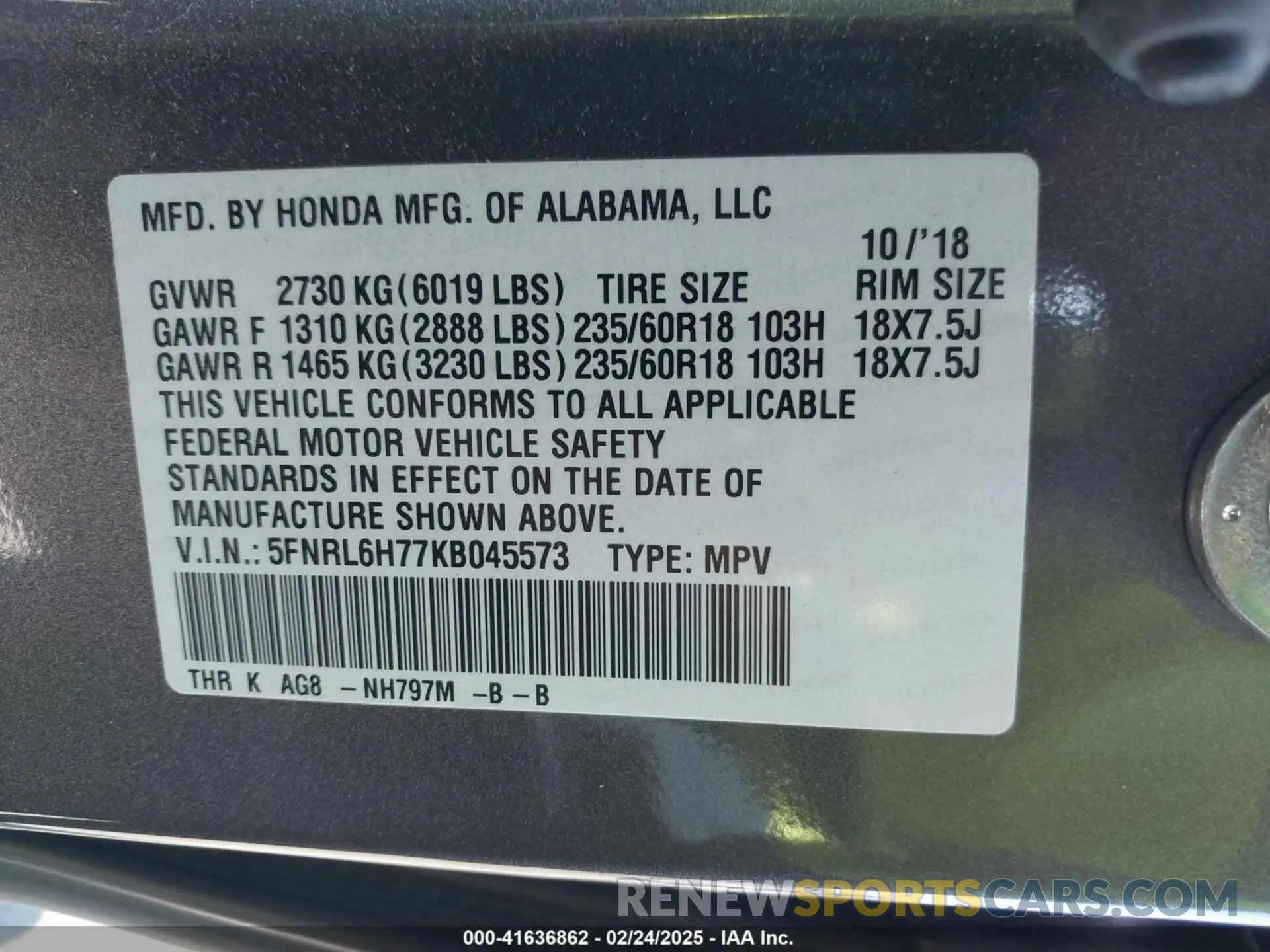9 fotografías del automóvil dañado 5FNRL6H77KB045573 HONDA ODYSSEY 2019