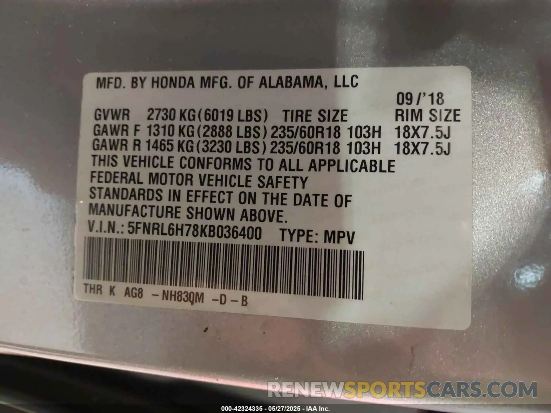 9 fotografías del automóvil dañado 5FNRL6H78KB036400 HONDA ODYSSEY 2019