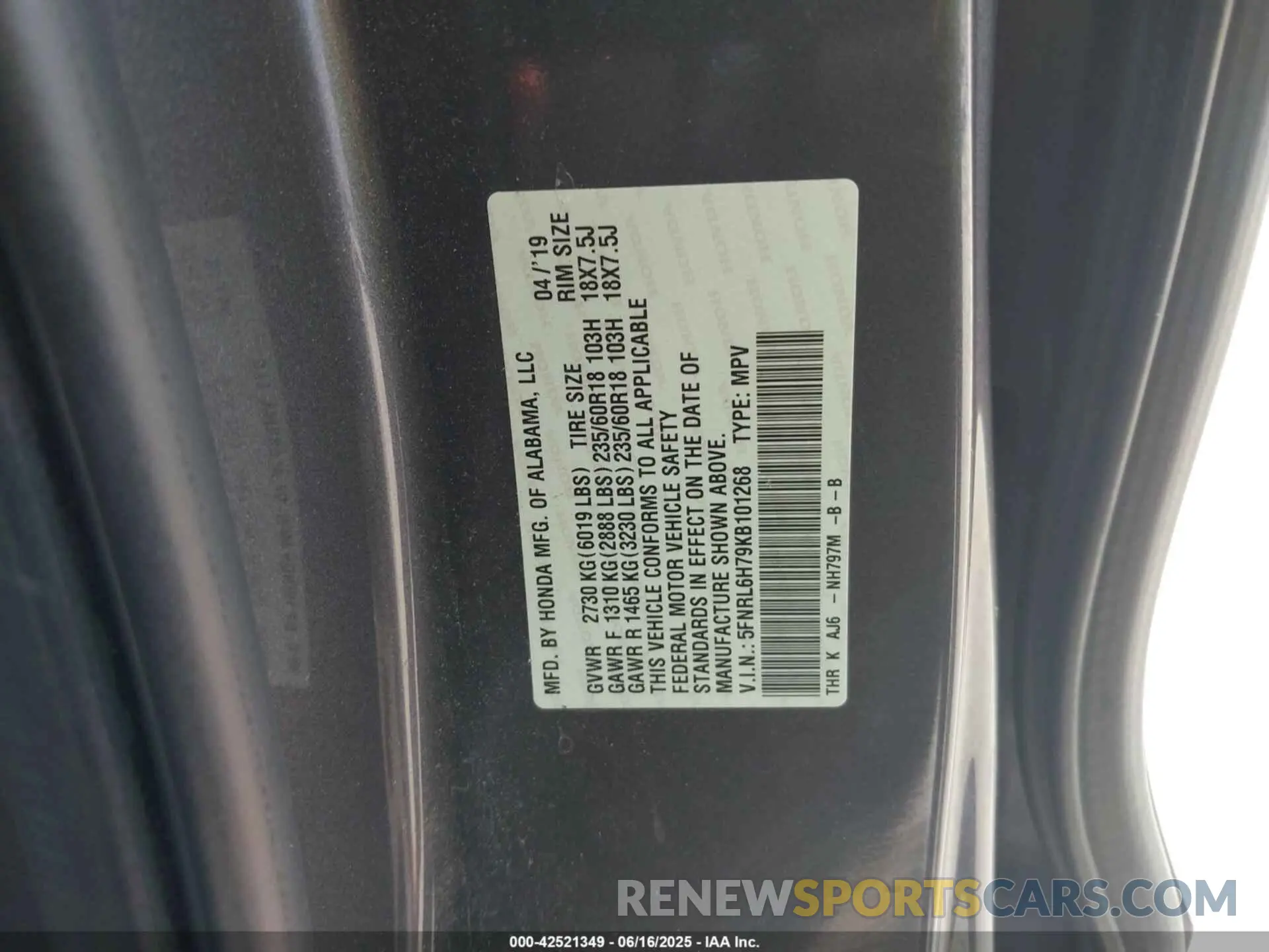 9 fotografías del automóvil dañado 5FNRL6H79KB101268 HONDA ODYSSEY 2019