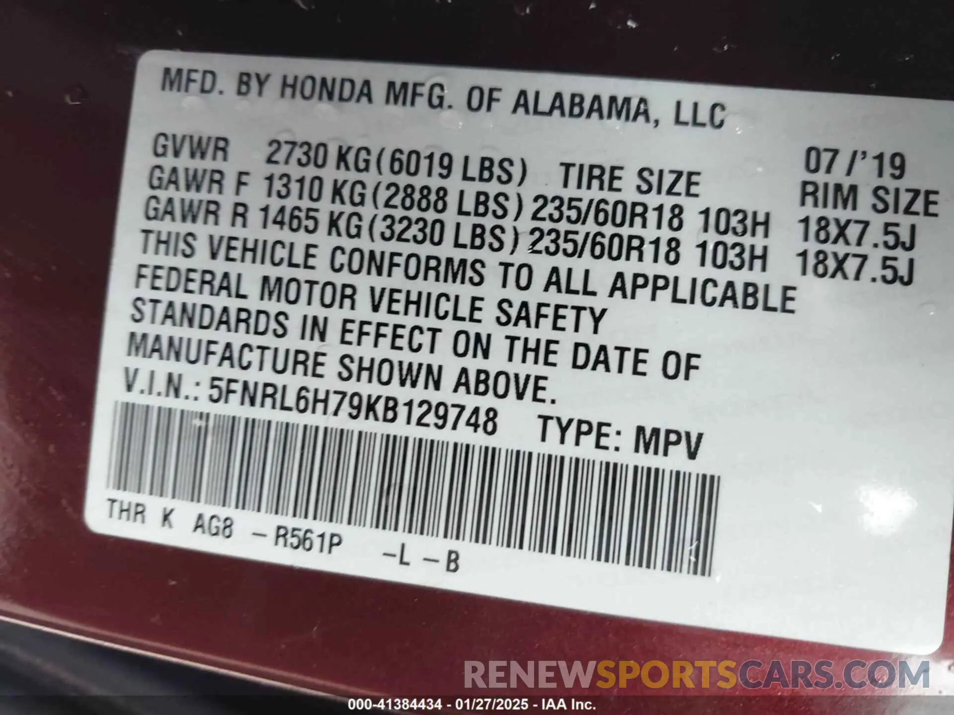9 fotografías del automóvil dañado 5FNRL6H79KB129748 HONDA ODYSSEY 2019