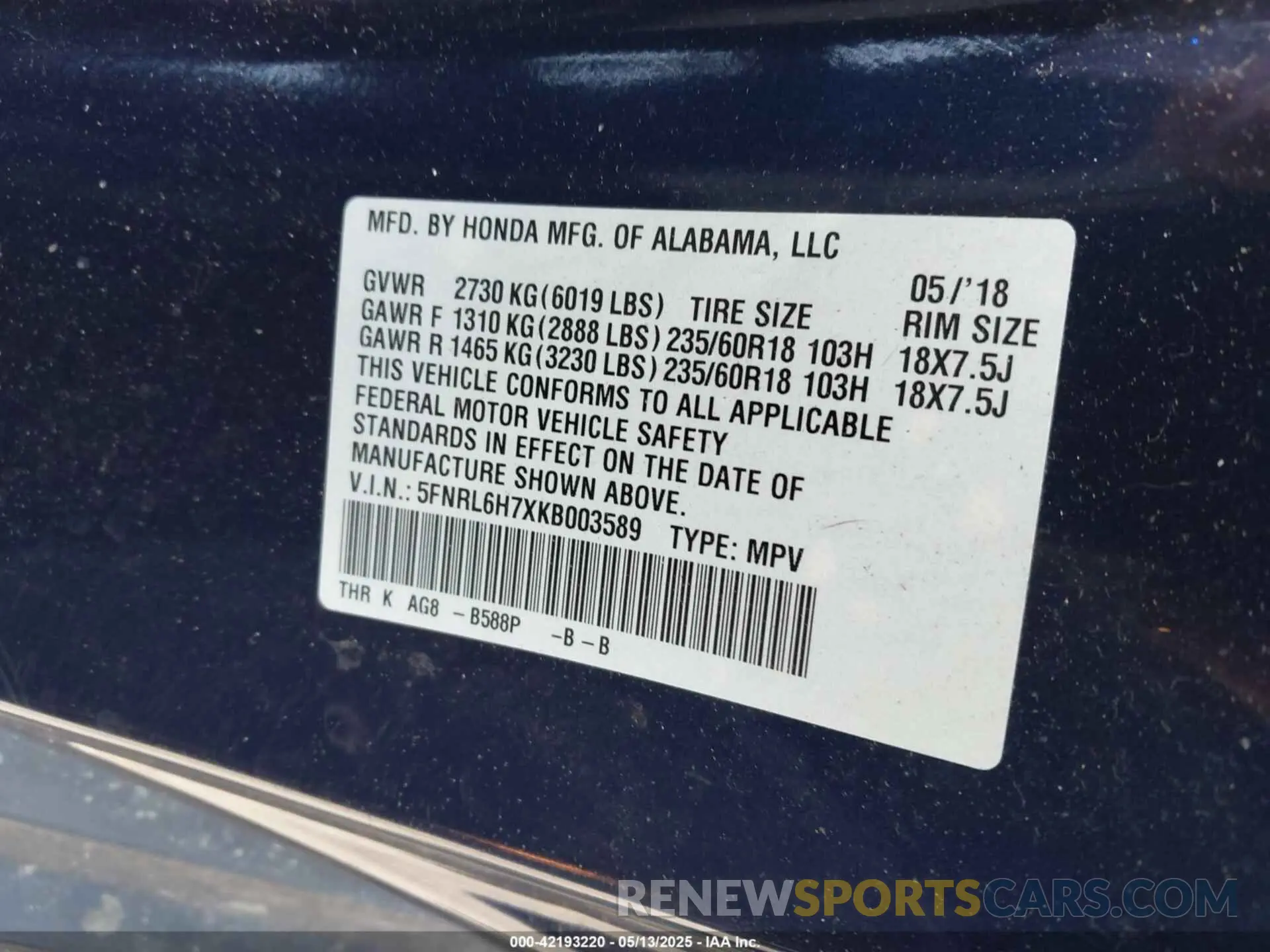 9 fotografías del automóvil dañado 5FNRL6H7XKB003589 HONDA ODYSSEY 2019