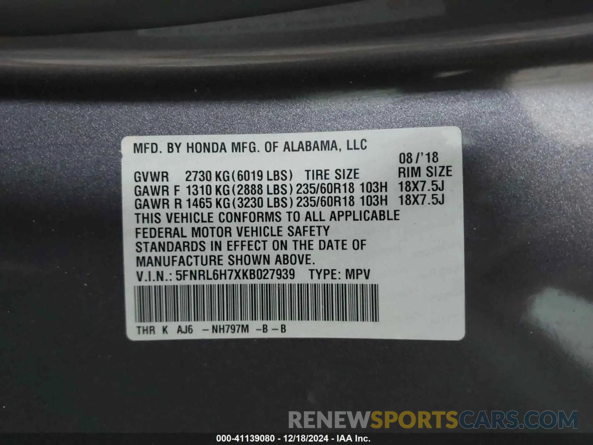 9 fotografías del automóvil dañado 5FNRL6H7XKB027939 HONDA ODYSSEY 2019