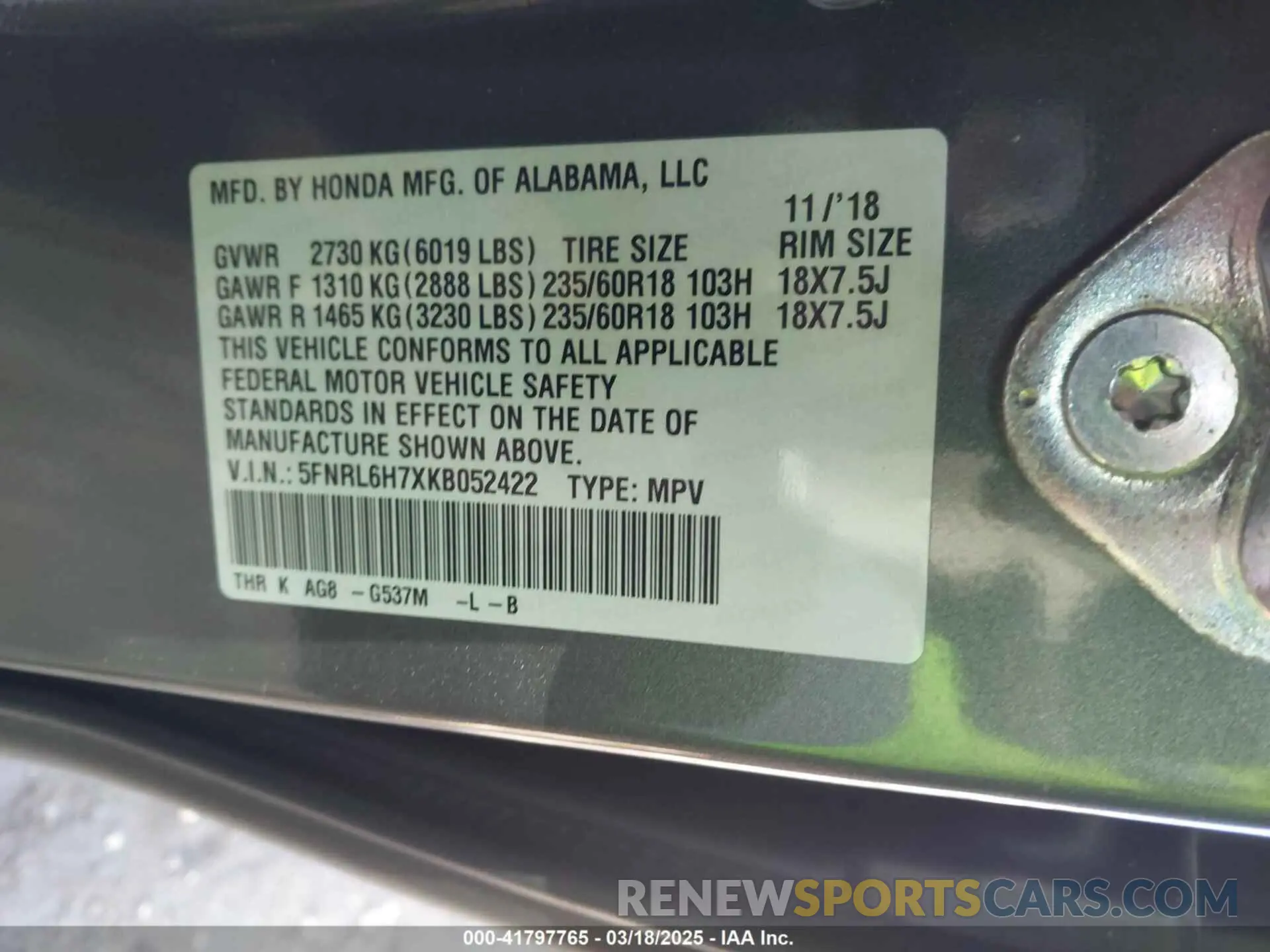 9 fotografías del automóvil dañado 5FNRL6H7XKB052422 HONDA ODYSSEY 2019
