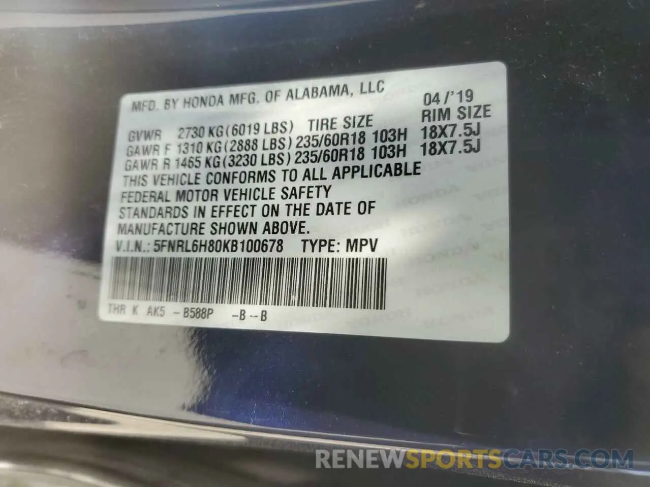 13 fotografías del automóvil dañado 5FNRL6H80KB100678 HONDA ODYSSEY 2019