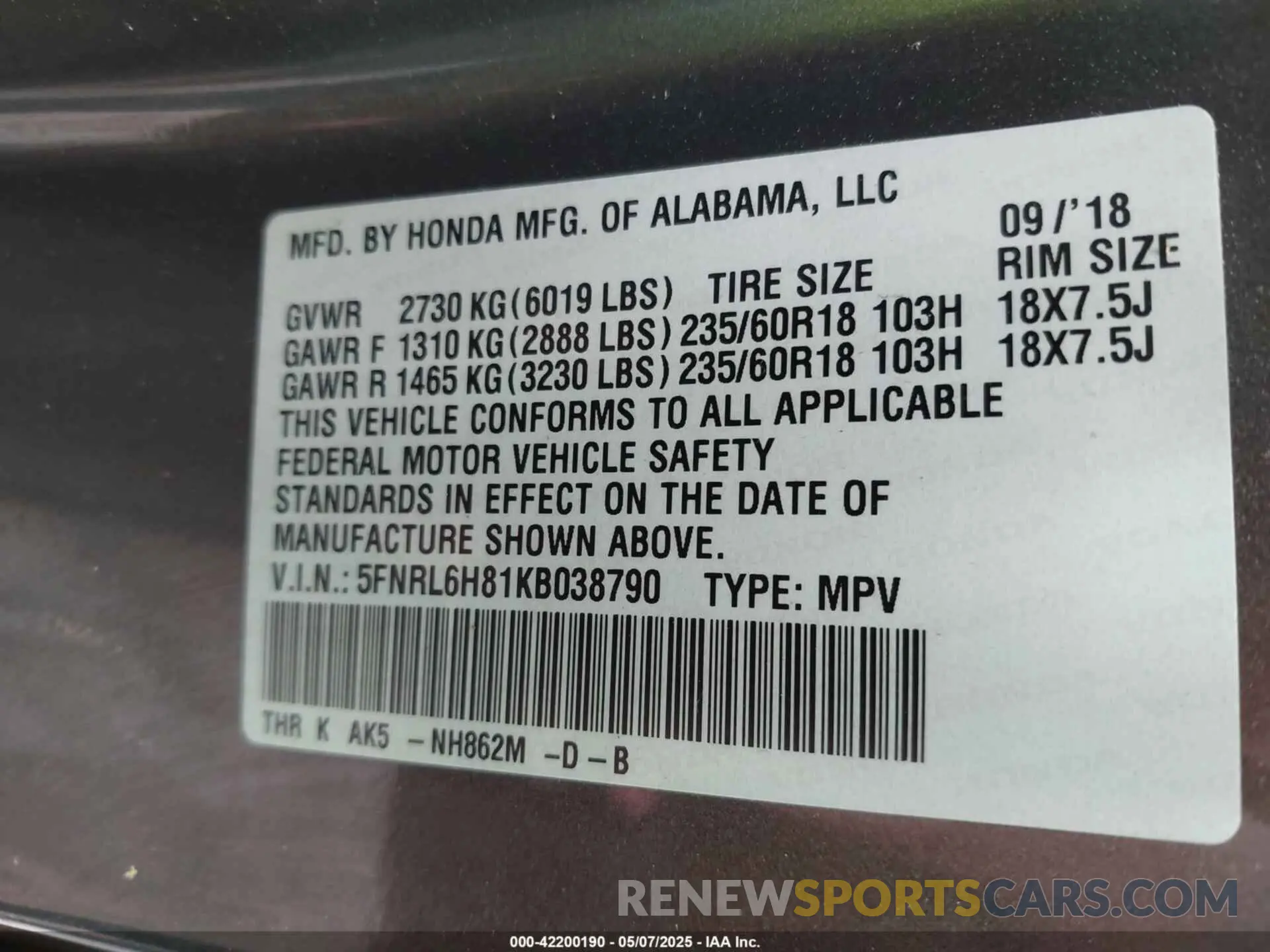 9 fotografías del automóvil dañado 5FNRL6H81KB038790 HONDA ODYSSEY 2019