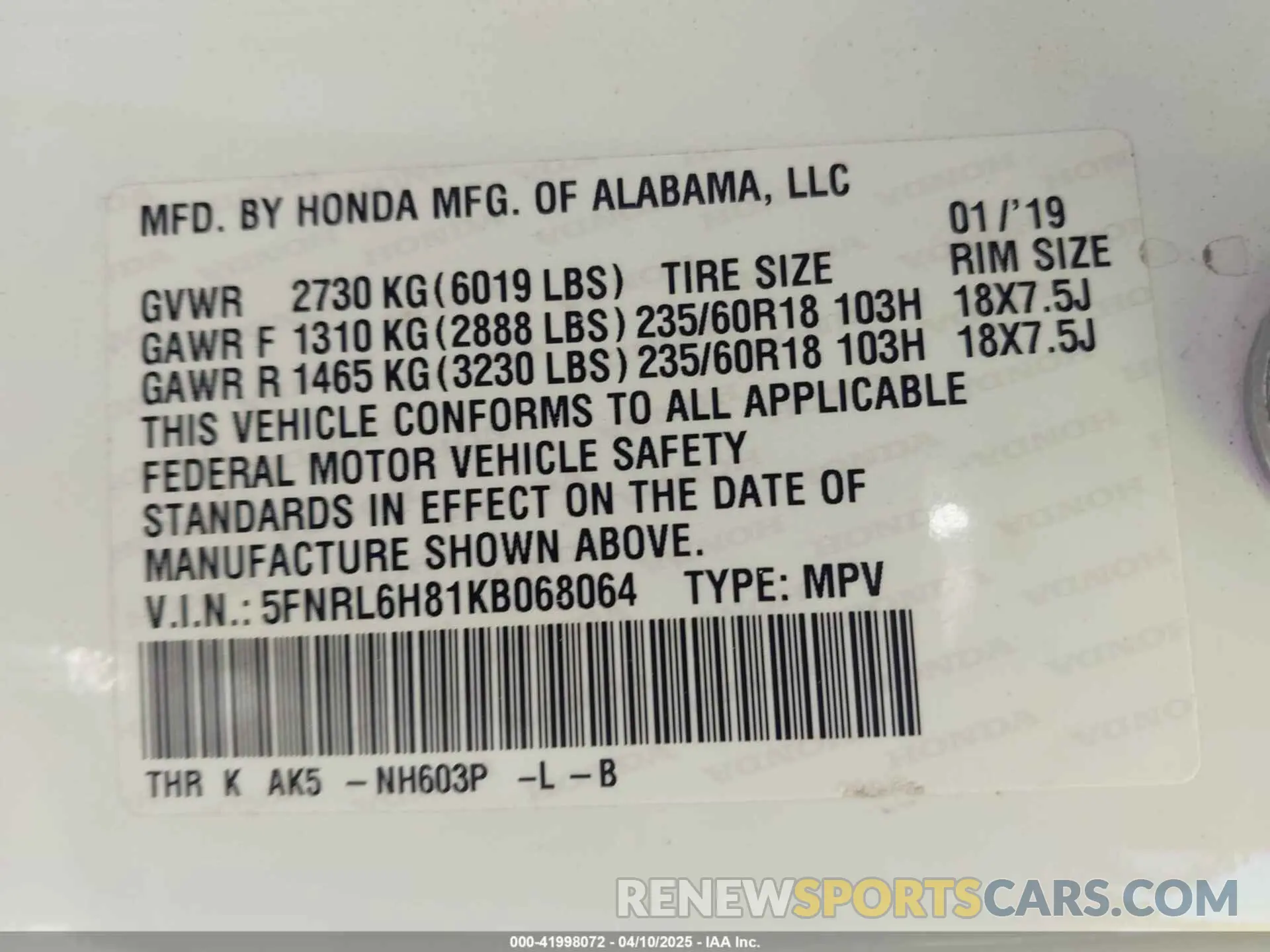 9 fotografías del automóvil dañado 5FNRL6H81KB068064 HONDA ODYSSEY 2019