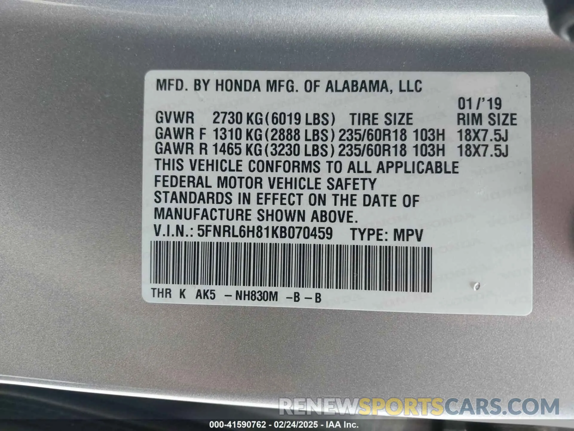 9 fotografías del automóvil dañado 5FNRL6H81KB070459 HONDA ODYSSEY 2019