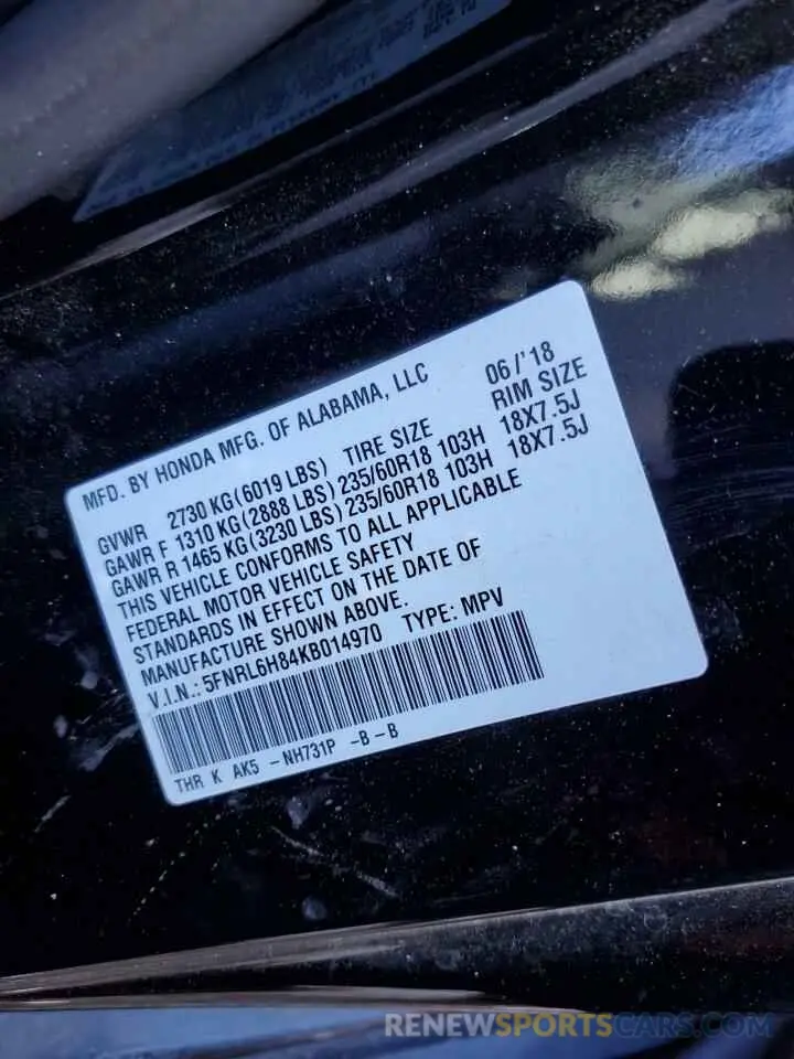 13 fotografías del automóvil dañado 5FNRL6H84KB014970 HONDA ODYSSEY 2019
