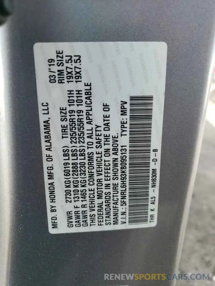 13 fotografías del automóvil dañado 5FNRL6H93KB095131 HONDA ODYSSEY 2019