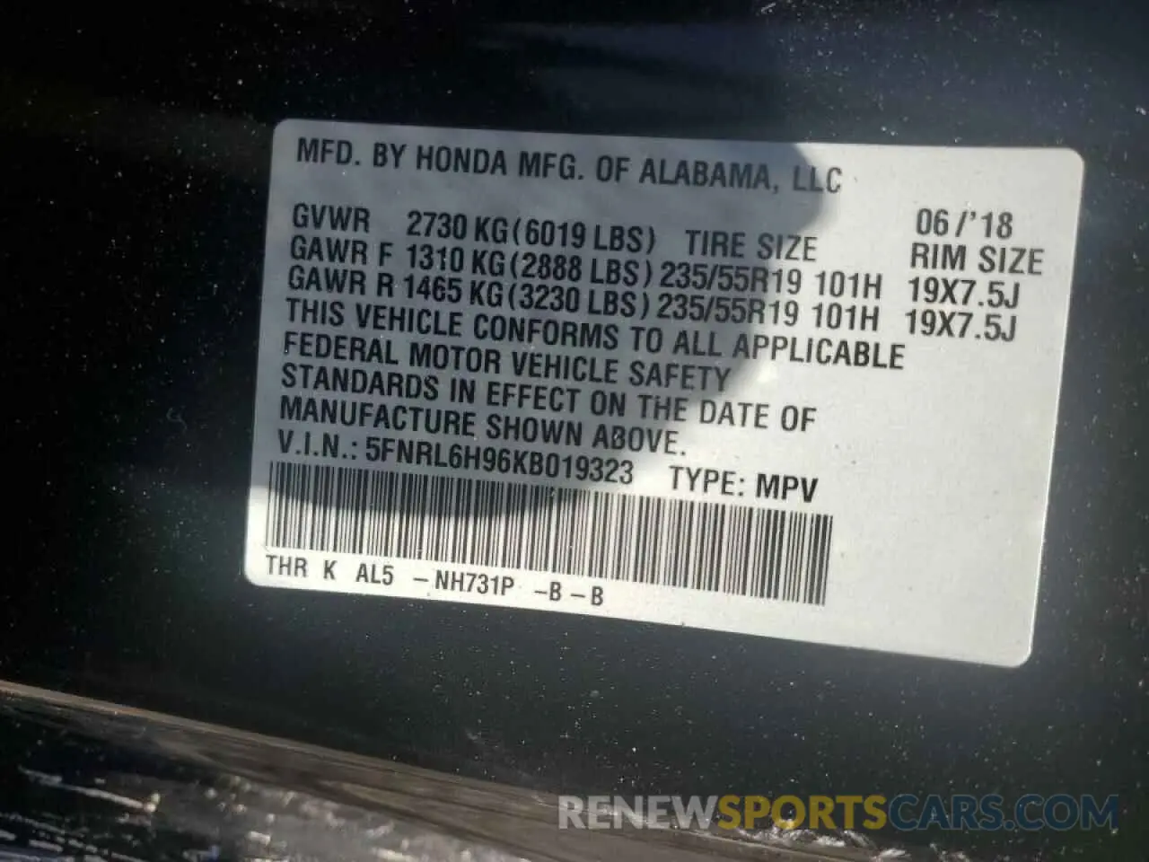 13 fotografías del automóvil dañado 5FNRL6H96KB019323 HONDA ODYSSEY 2019
