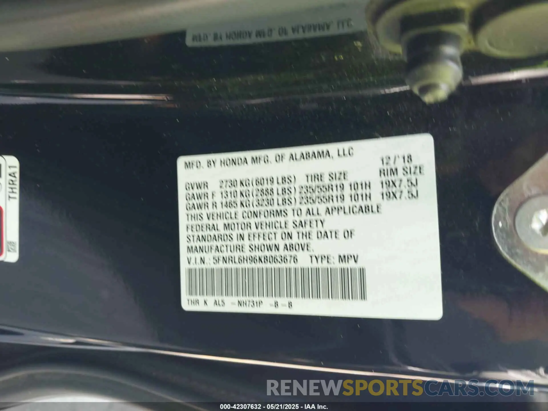 9 fotografías del automóvil dañado 5FNRL6H96KB063676 HONDA ODYSSEY 2019