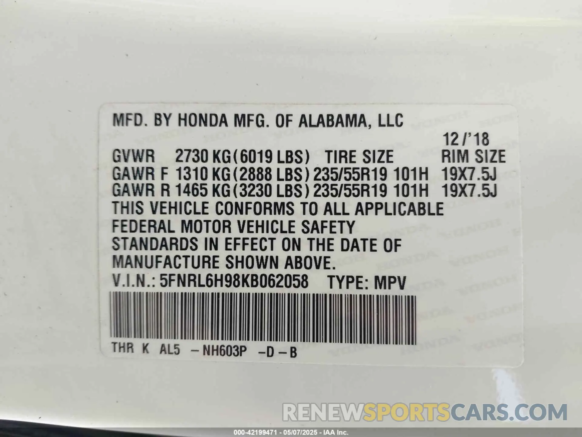 9 fotografías del automóvil dañado 5FNRL6H98KB062058 HONDA ODYSSEY 2019