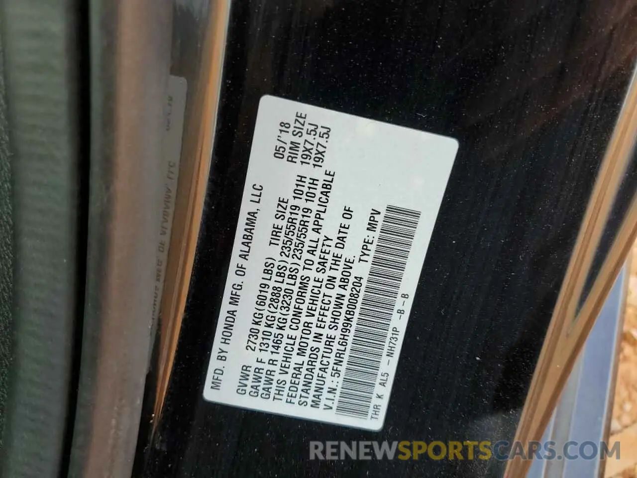 13 fotografías del automóvil dañado 5FNRL6H99KB008204 HONDA ODYSSEY 2019