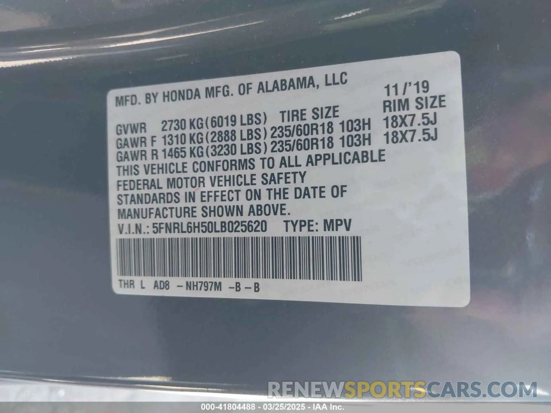 9 fotografías del automóvil dañado 5FNRL6H50LB025620 HONDA ODYSSEY 2020