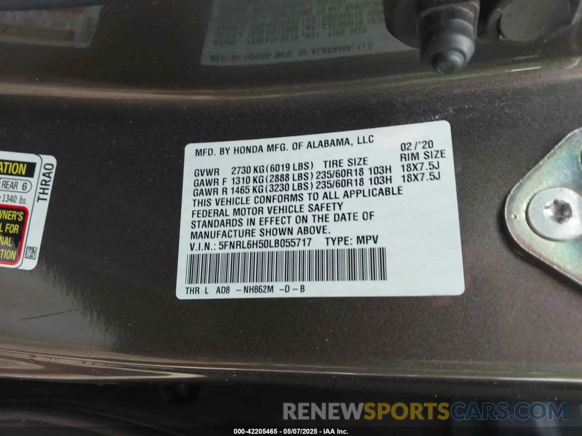 9 fotografías del automóvil dañado 5FNRL6H50LB055717 HONDA ODYSSEY 2020