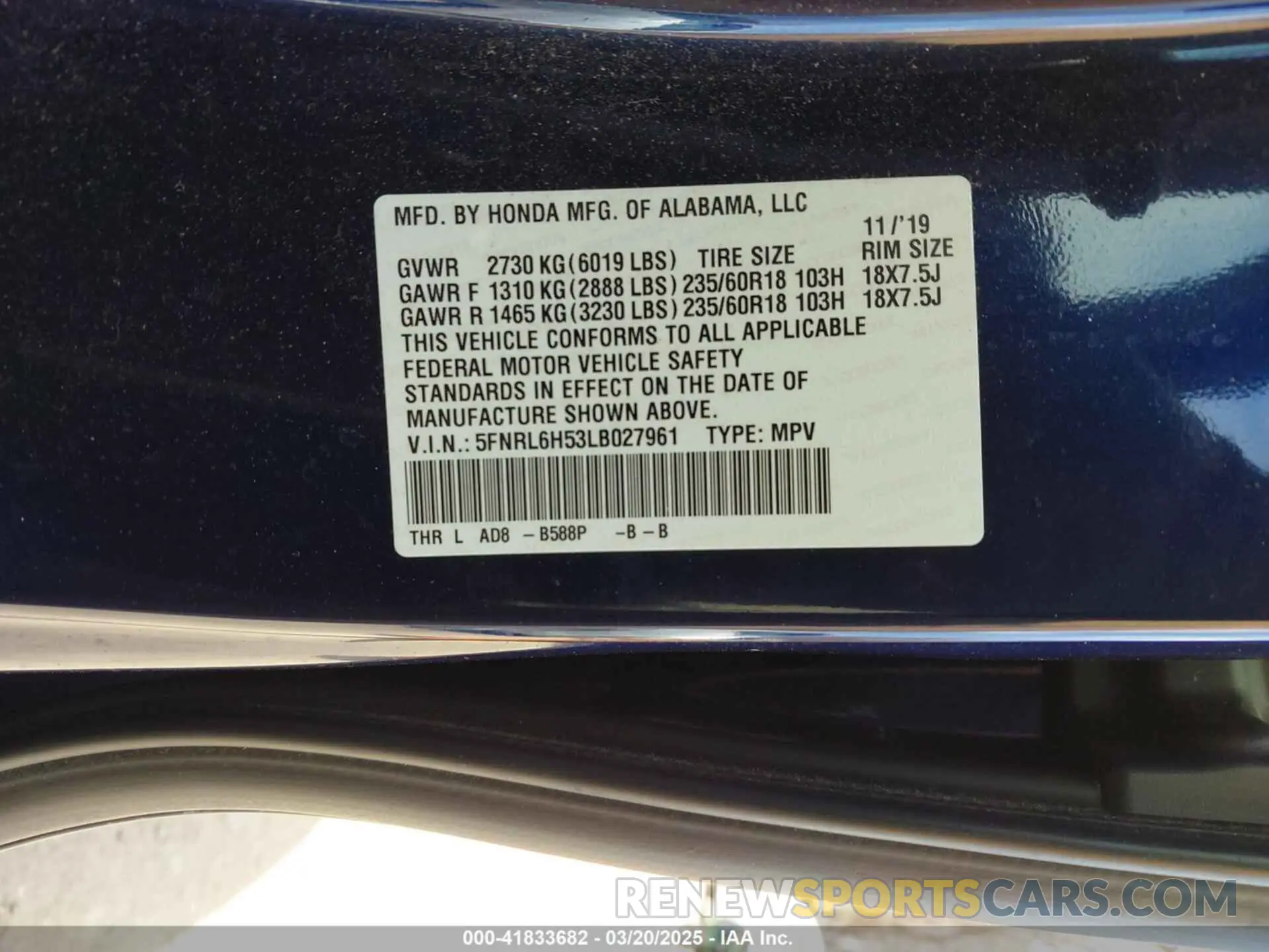 9 fotografías del automóvil dañado 5FNRL6H53LB027961 HONDA ODYSSEY 2020