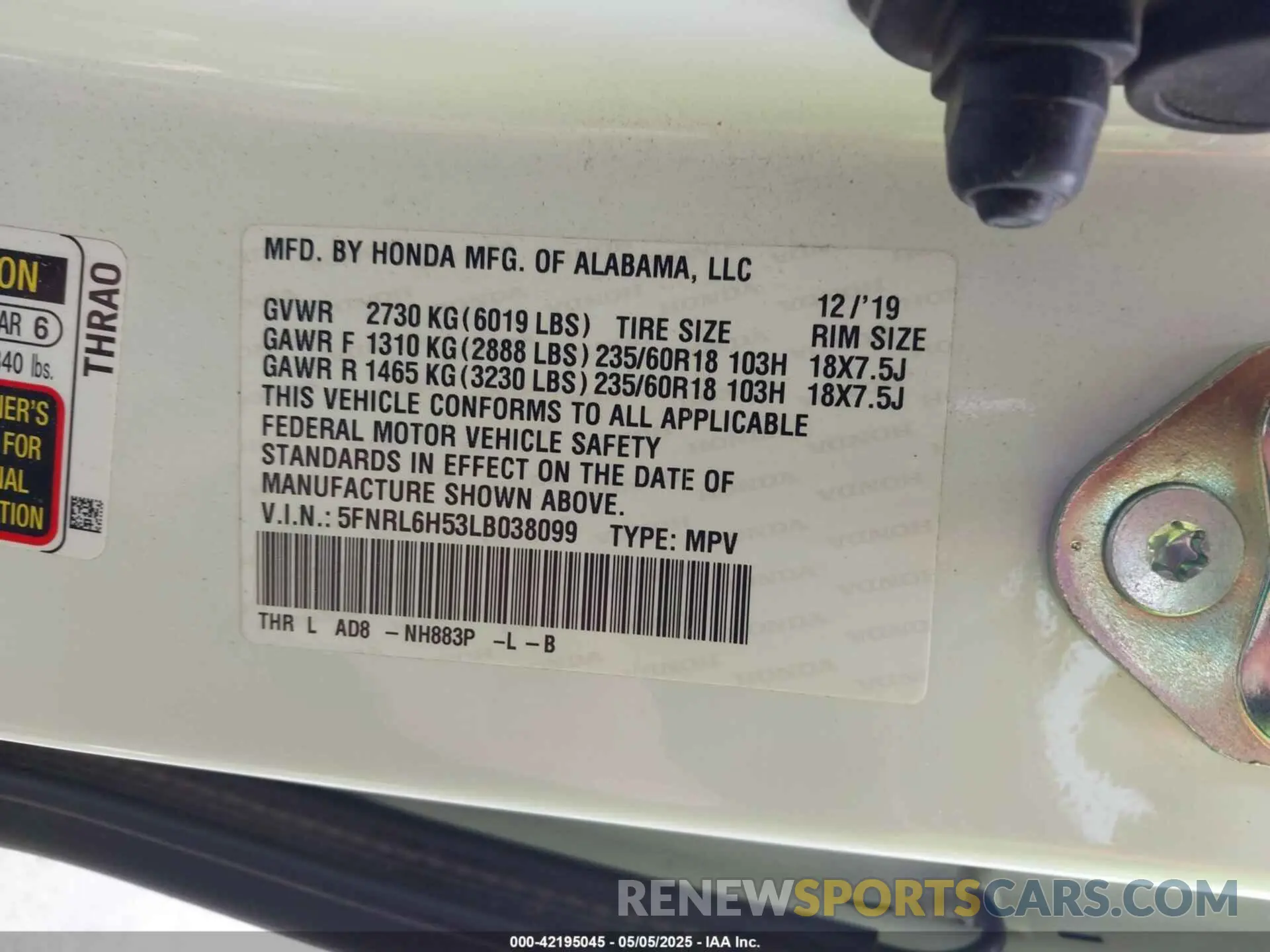 9 fotografías del automóvil dañado 5FNRL6H53LB038099 HONDA ODYSSEY 2020