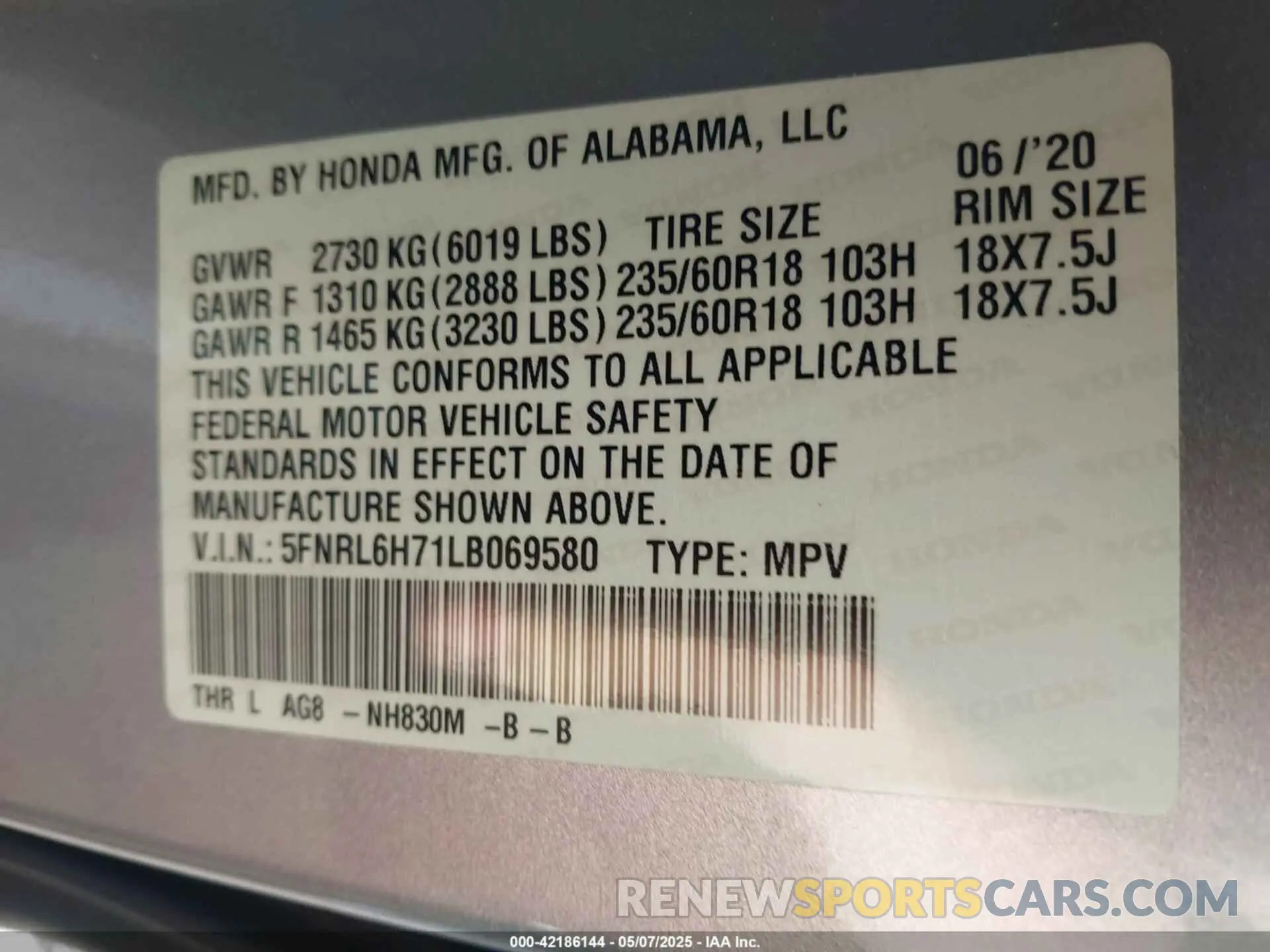 9 fotografías del automóvil dañado 5FNRL6H71LB069580 HONDA ODYSSEY 2020