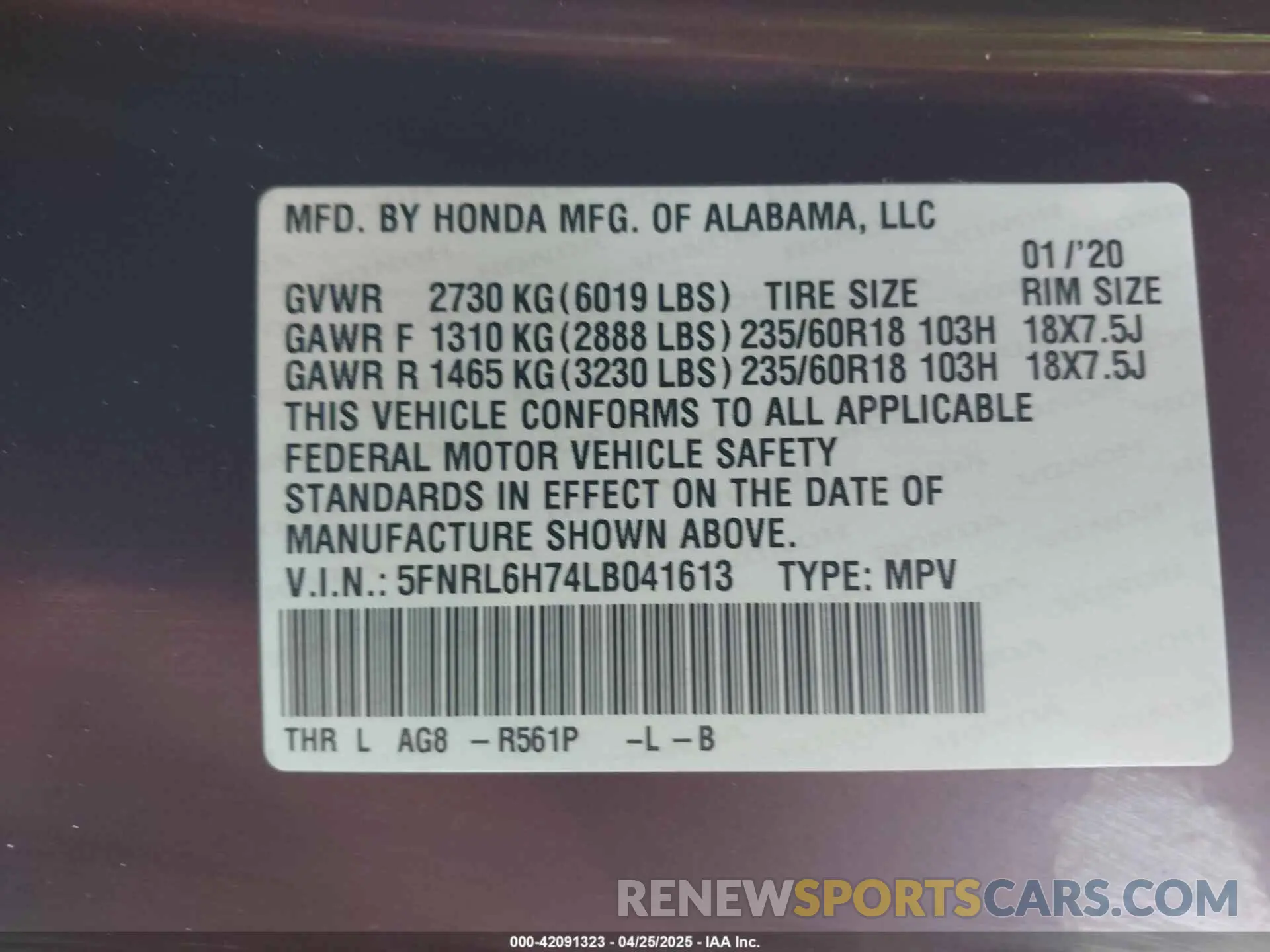 9 fotografías del automóvil dañado 5FNRL6H74LB041613 HONDA ODYSSEY 2020