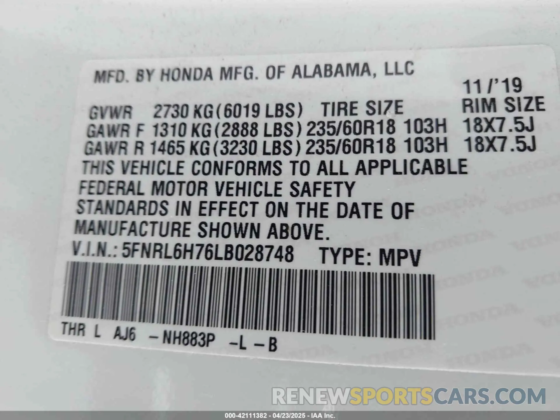 9 fotografías del automóvil dañado 5FNRL6H76LB028748 HONDA ODYSSEY 2020