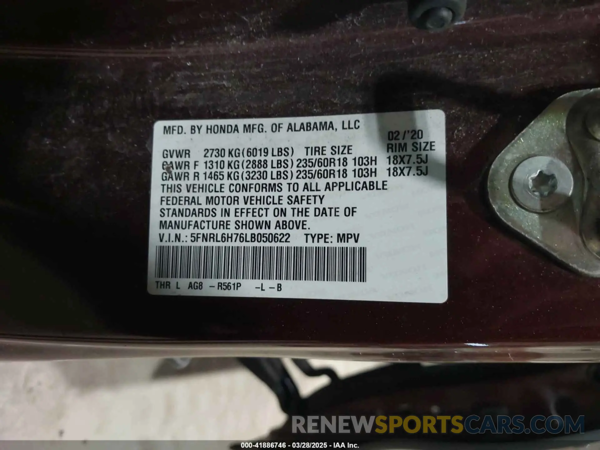 9 fotografías del automóvil dañado 5FNRL6H76LB050622 HONDA ODYSSEY 2020