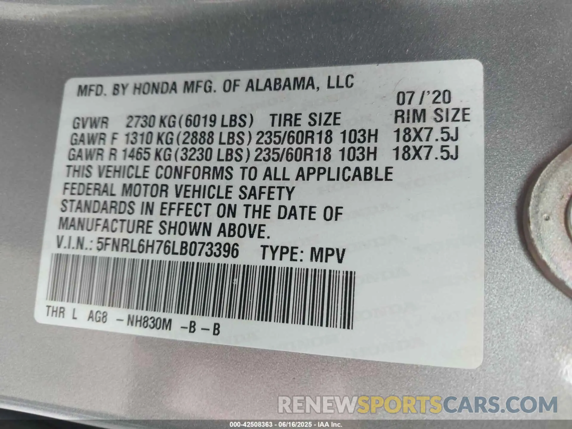 9 fotografías del automóvil dañado 5FNRL6H76LB073396 HONDA ODYSSEY 2020
