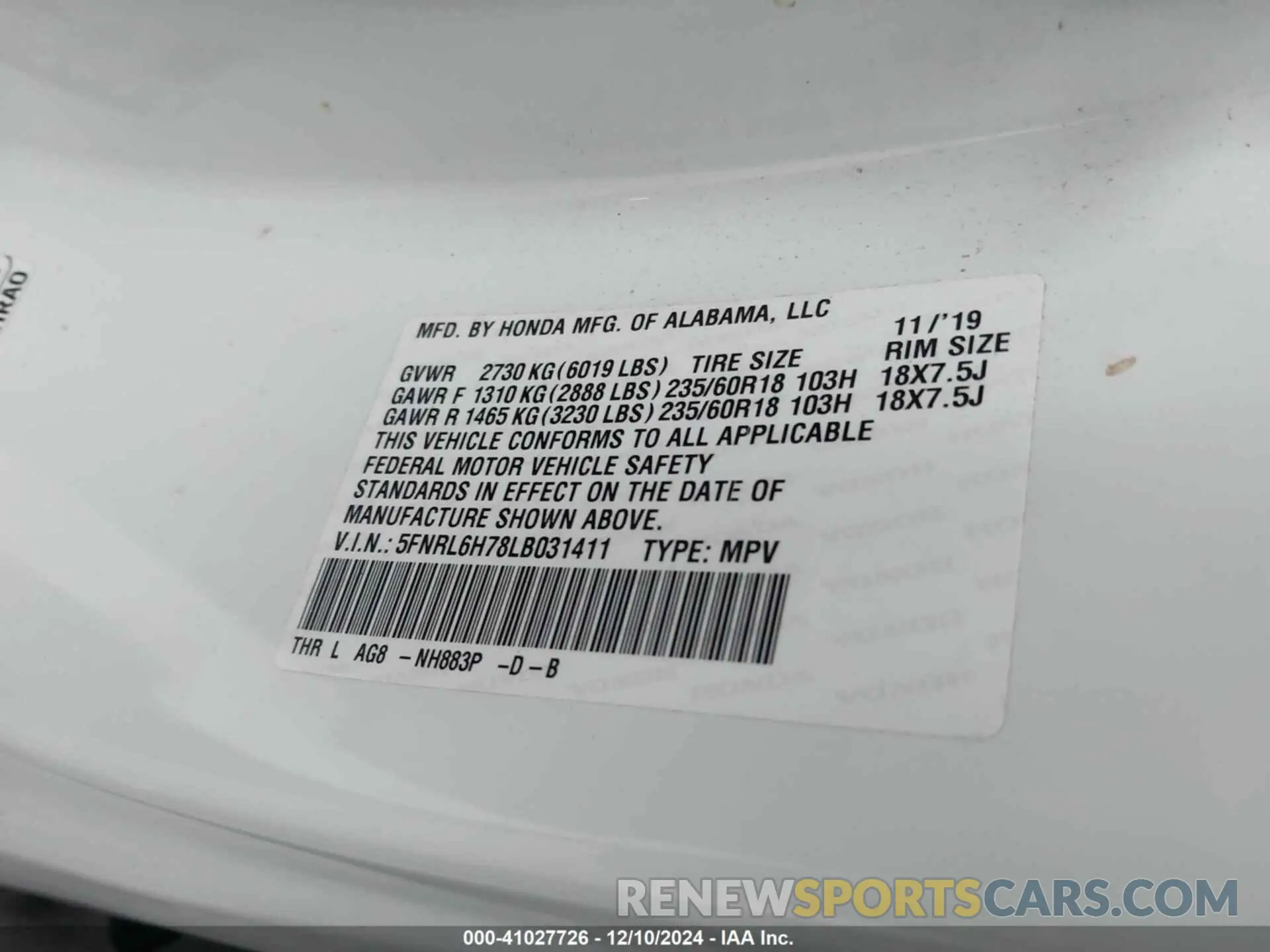 9 fotografías del automóvil dañado 5FNRL6H78LB031411 HONDA ODYSSEY 2020