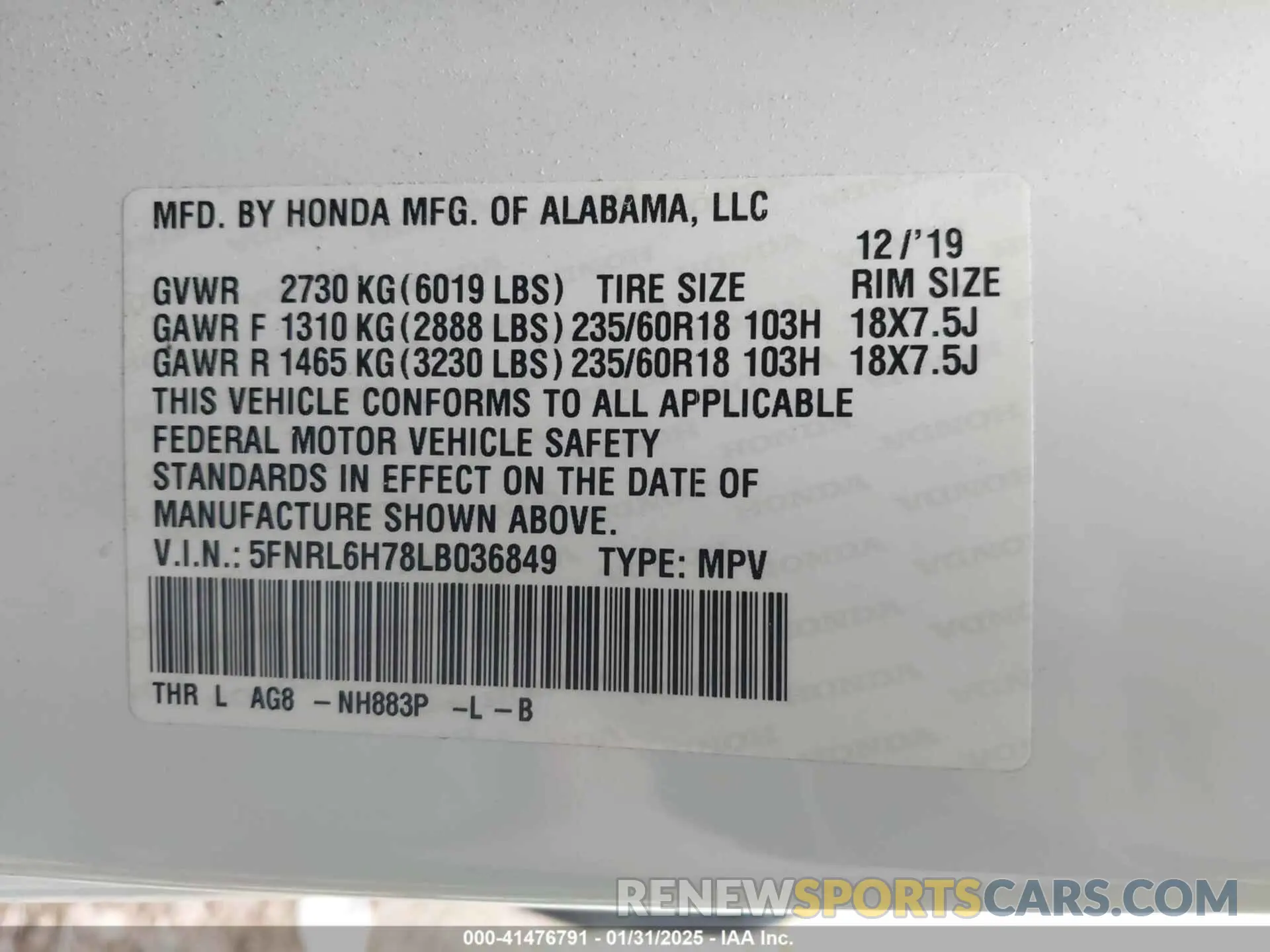 9 fotografías del automóvil dañado 5FNRL6H78LB036849 HONDA ODYSSEY 2020