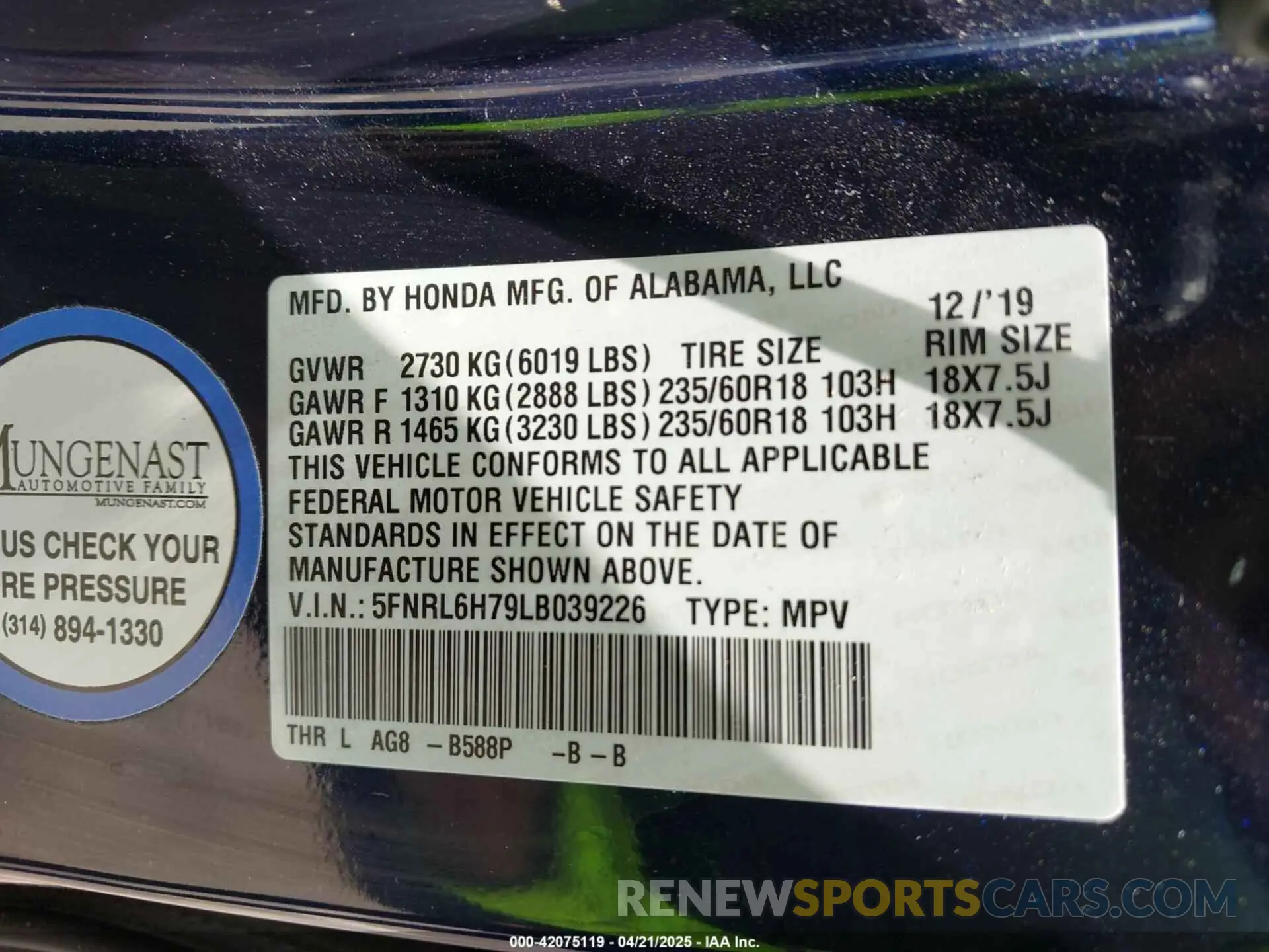 9 fotografías del automóvil dañado 5FNRL6H79LB039226 HONDA ODYSSEY 2020