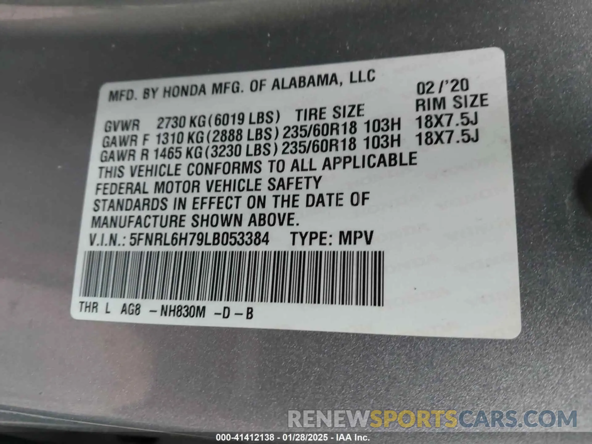 9 fotografías del automóvil dañado 5FNRL6H79LB053384 HONDA ODYSSEY 2020