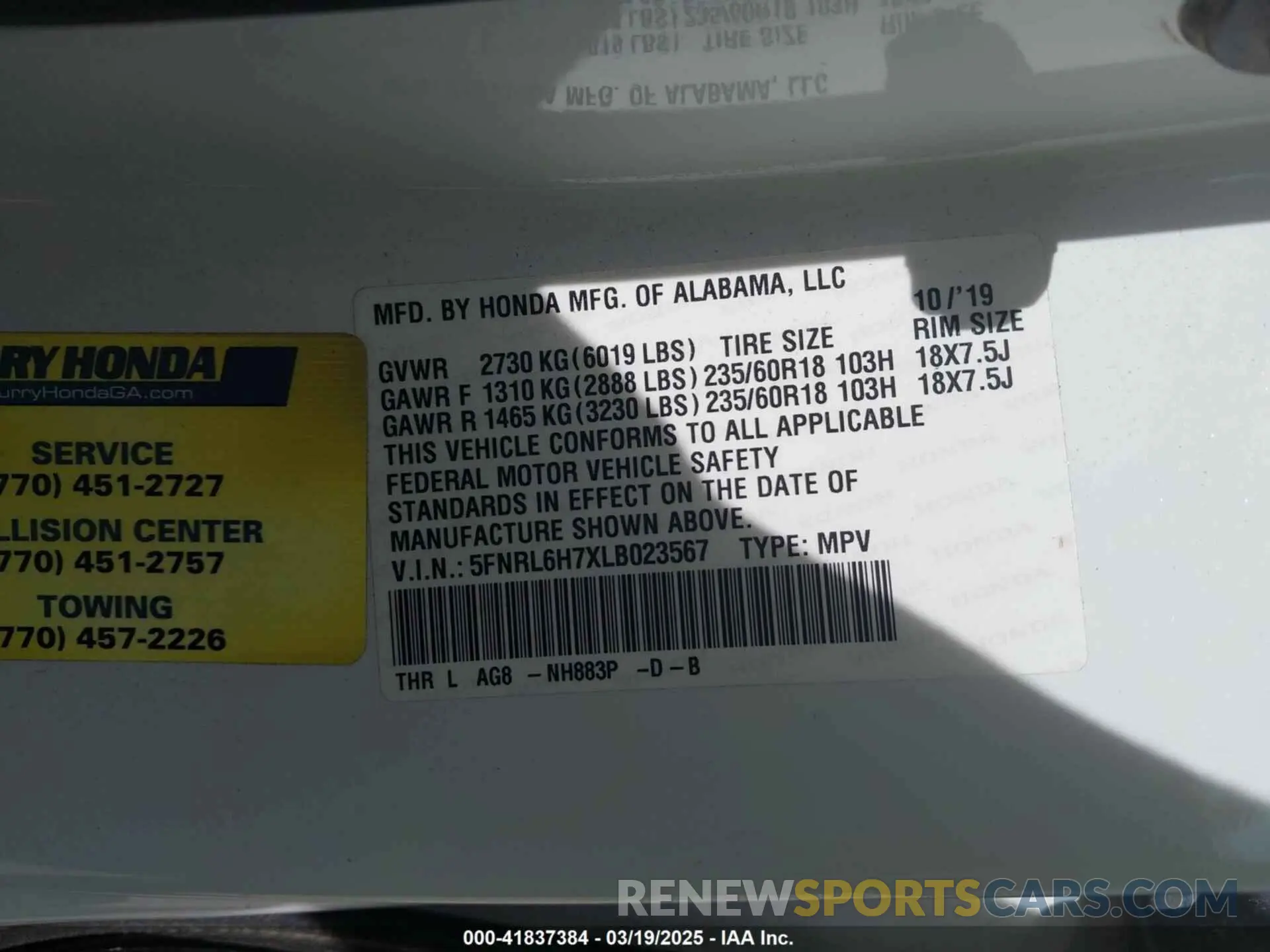 9 fotografías del automóvil dañado 5FNRL6H7XLB023567 HONDA ODYSSEY 2020