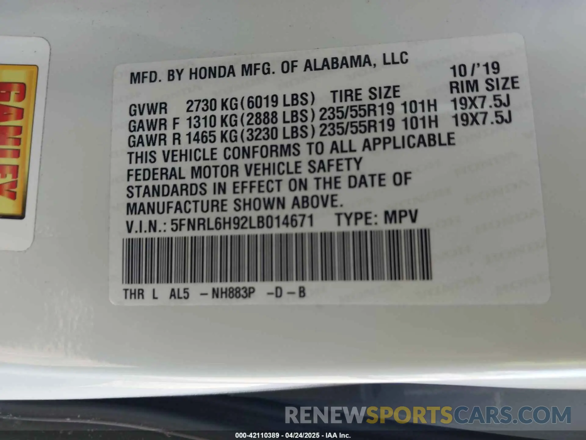 9 fotografías del automóvil dañado 5FNRL6H92LB014671 HONDA ODYSSEY 2020
