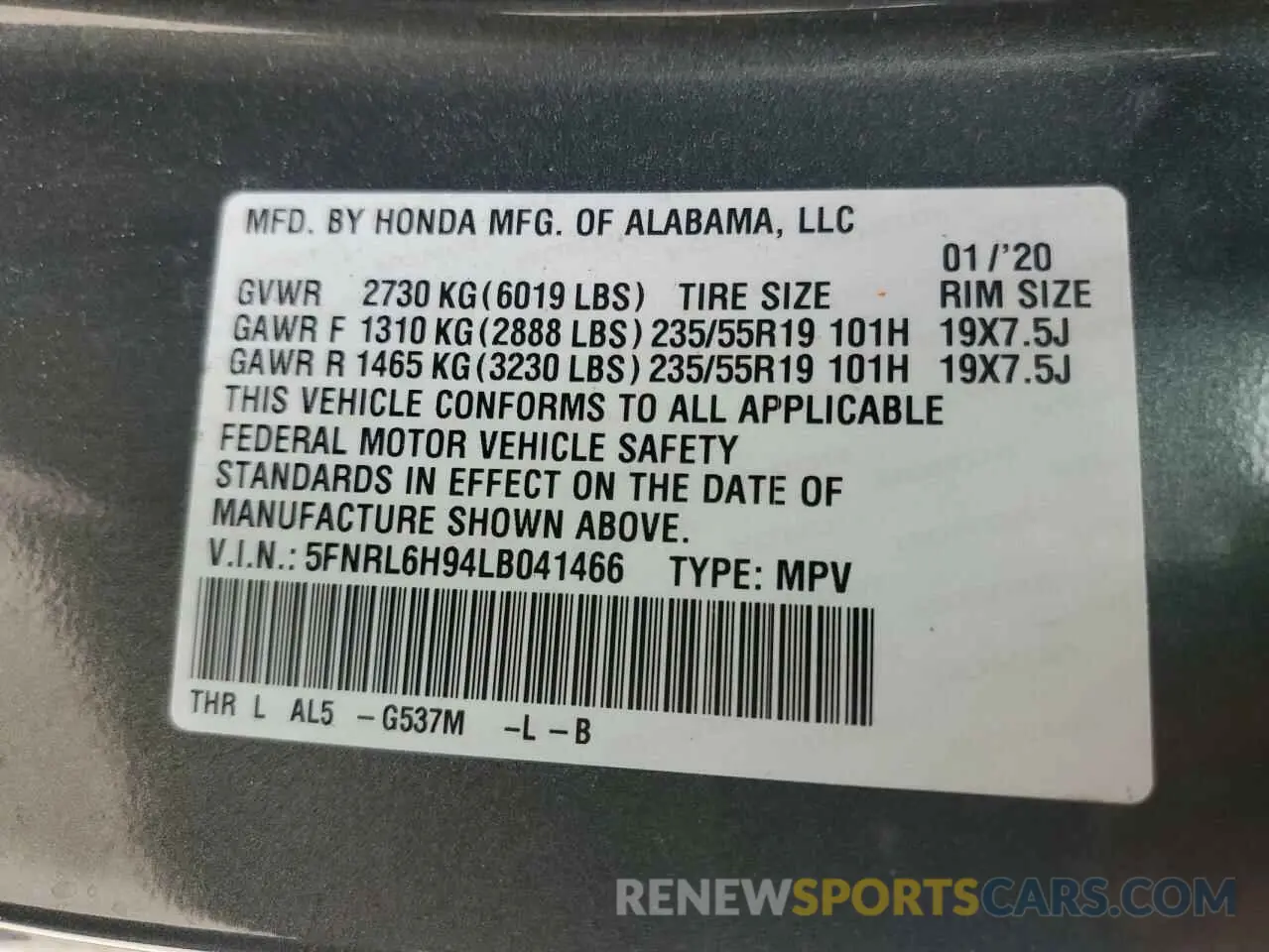 13 fotografías del automóvil dañado 5FNRL6H94LB041466 HONDA ODYSSEY 2020