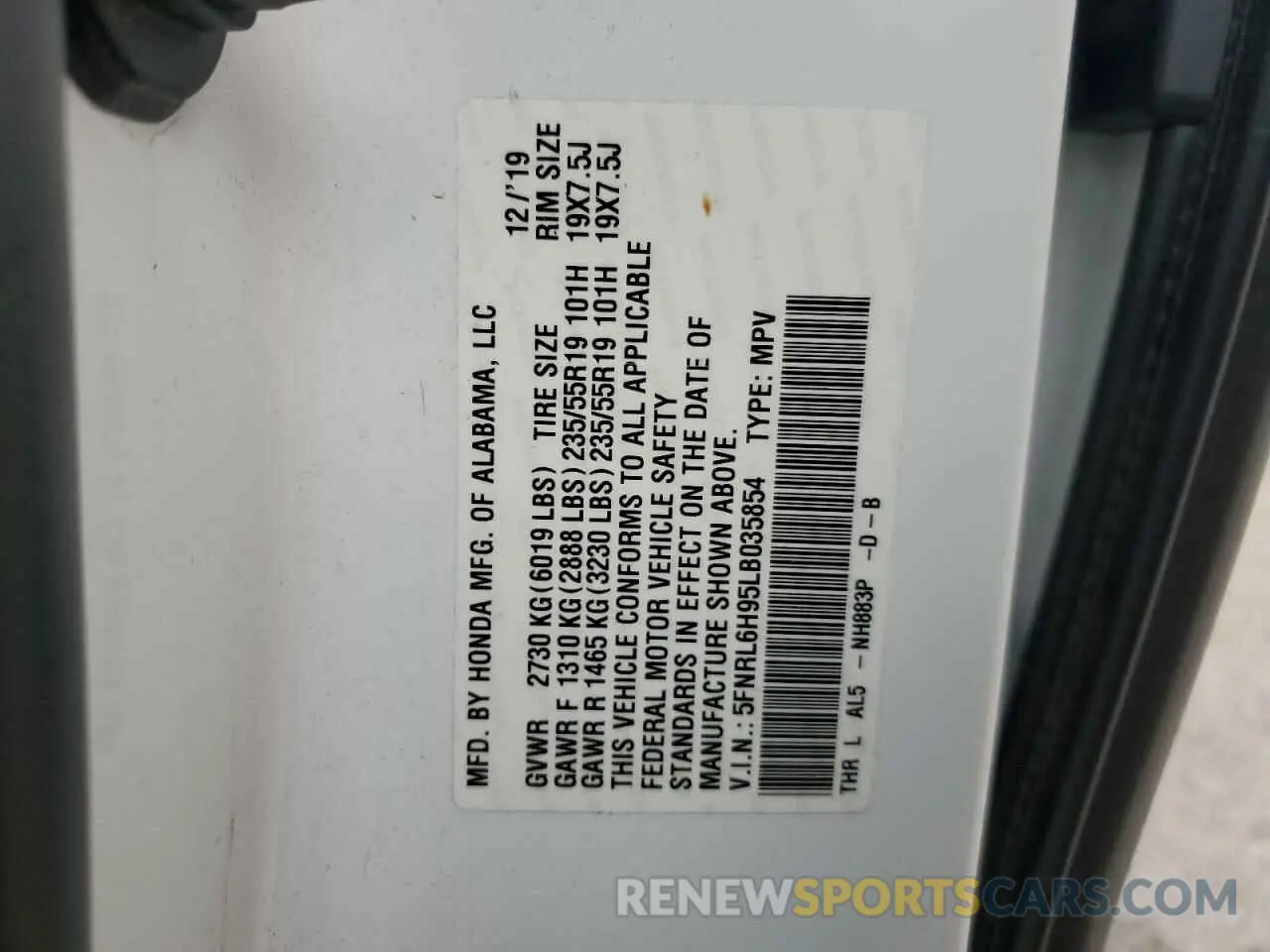 15 fotografías del automóvil dañado 5FNRL6H95LB035854 HONDA ODYSSEY 2020