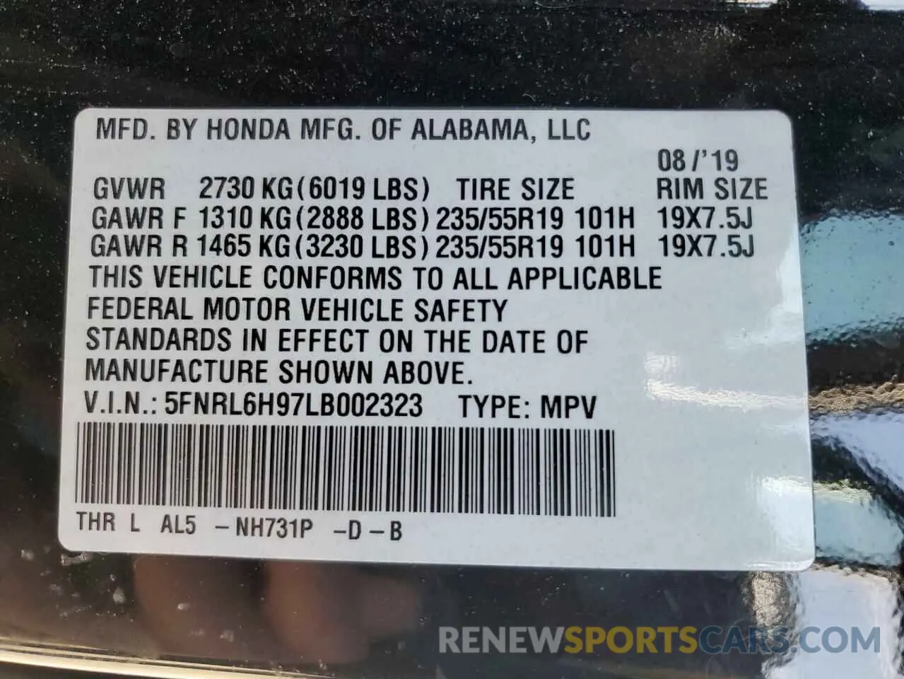 13 fotografías del automóvil dañado 5FNRL6H97LB002323 HONDA ODYSSEY 2020