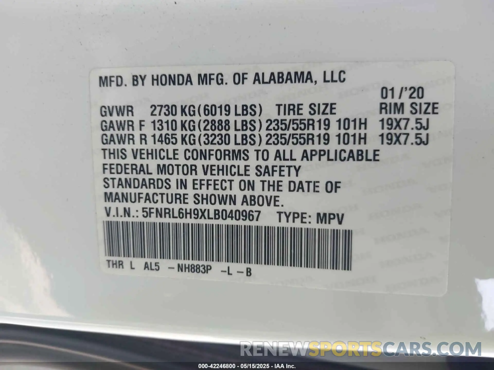 9 fotografías del automóvil dañado 5FNRL6H9XLB040967 HONDA ODYSSEY 2020