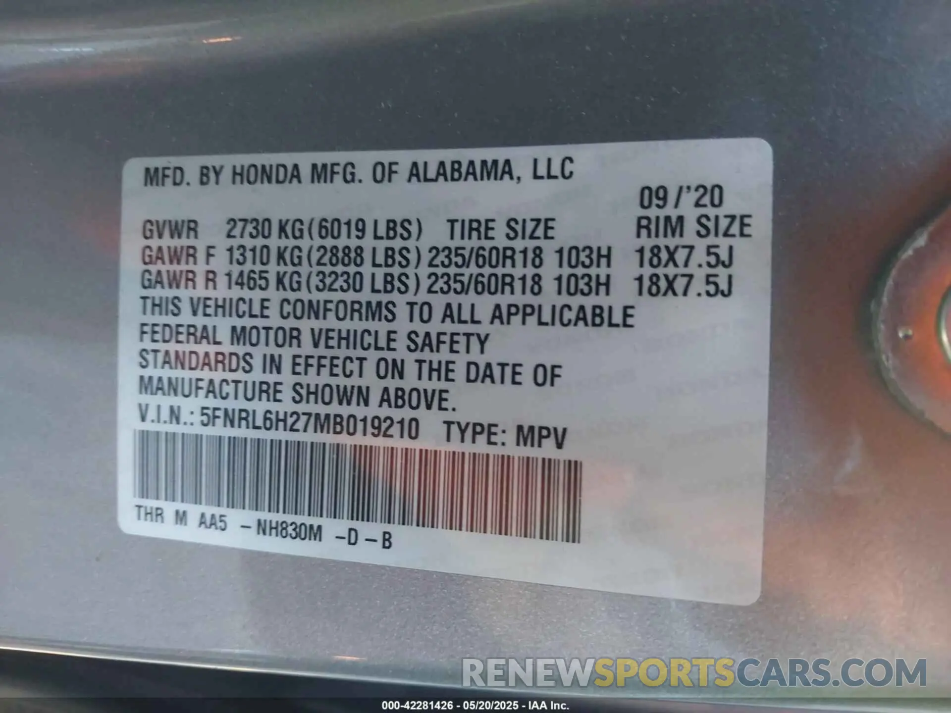 9 fotografías del automóvil dañado 5FNRL6H27MB019210 HONDA ODYSSEY 2021