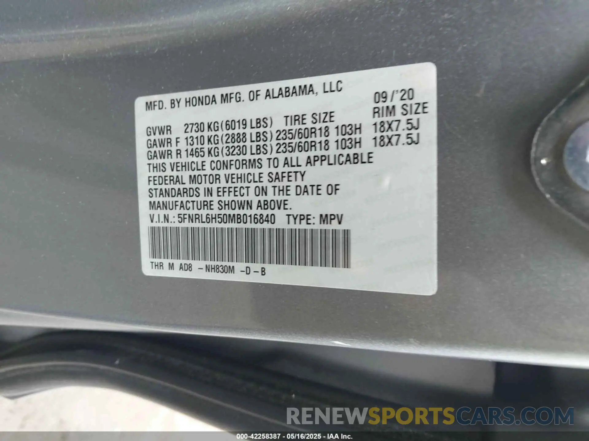 9 fotografías del automóvil dañado 5FNRL6H50MB016840 HONDA ODYSSEY 2021