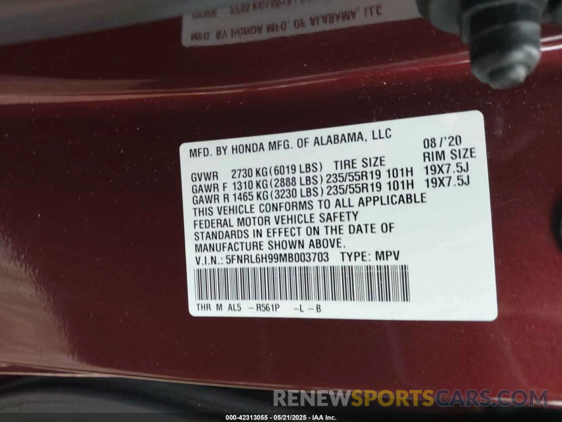 9 fotografías del automóvil dañado 5FNRL6H52MB003703 HONDA ODYSSEY 2021