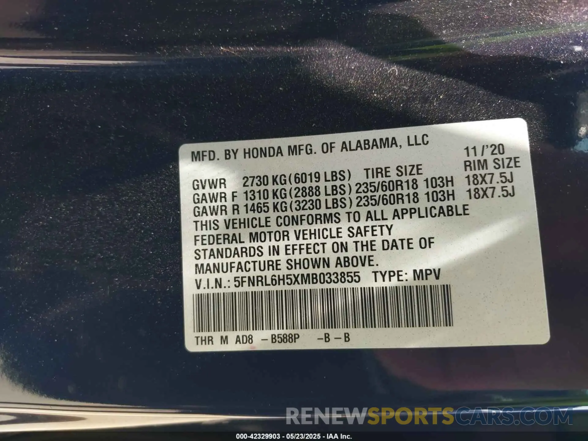 9 fotografías del automóvil dañado 5FNRL6H5XMB033855 HONDA ODYSSEY 2021