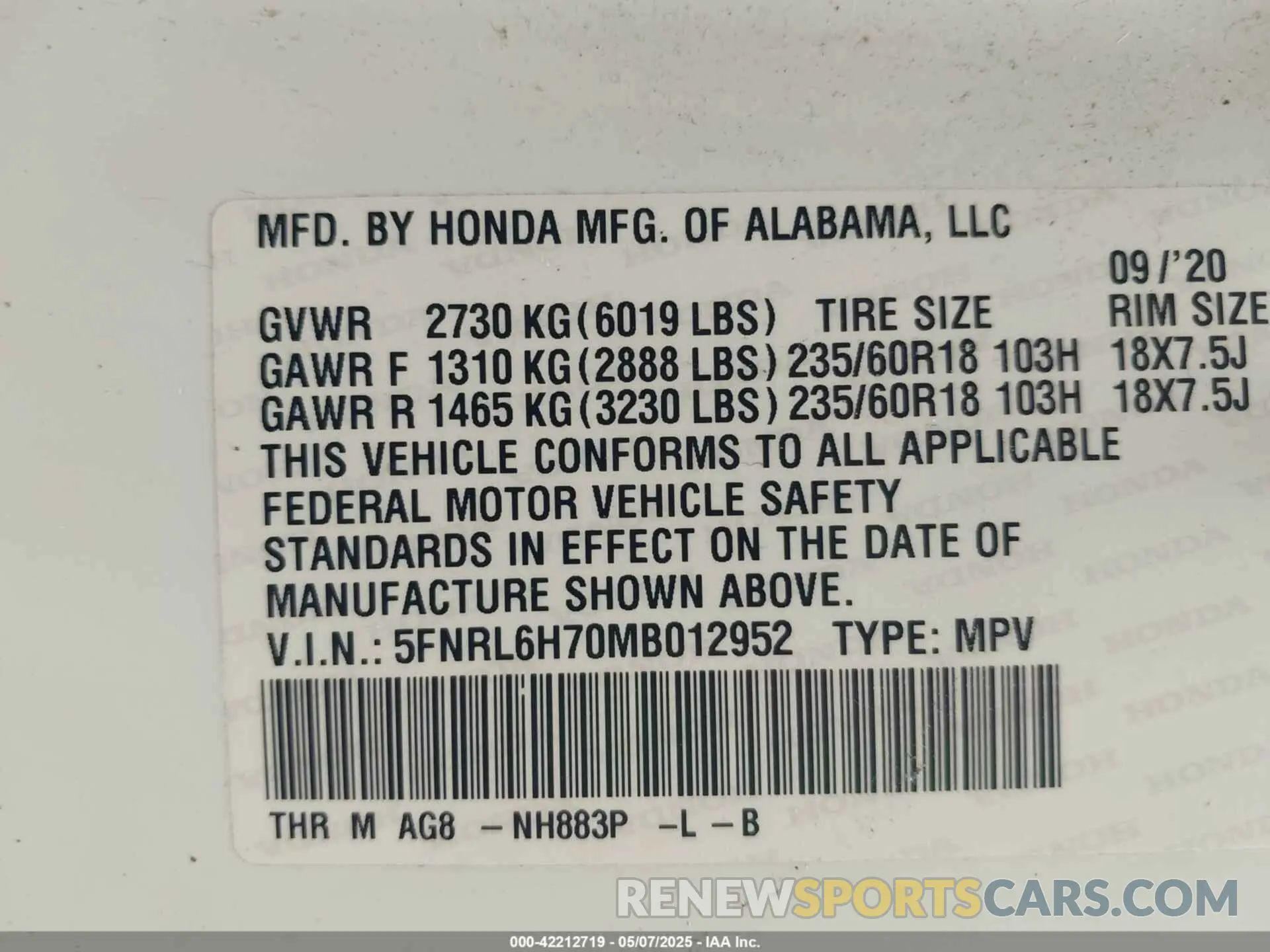 9 fotografías del automóvil dañado 5FNRL6H70MB012952 HONDA ODYSSEY 2021