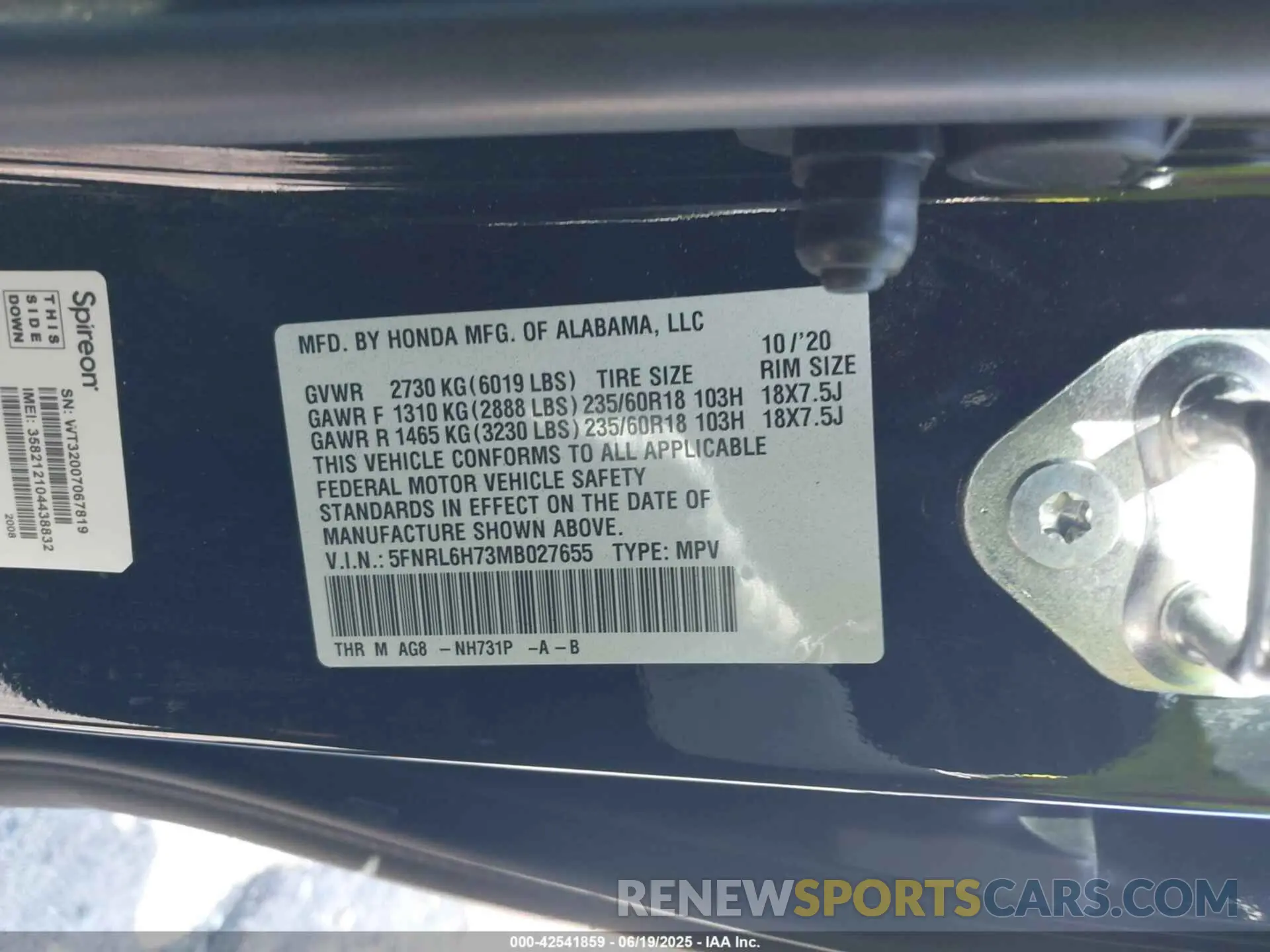 9 fotografías del automóvil dañado 5FNRL6H73MB027655 HONDA ODYSSEY 2021